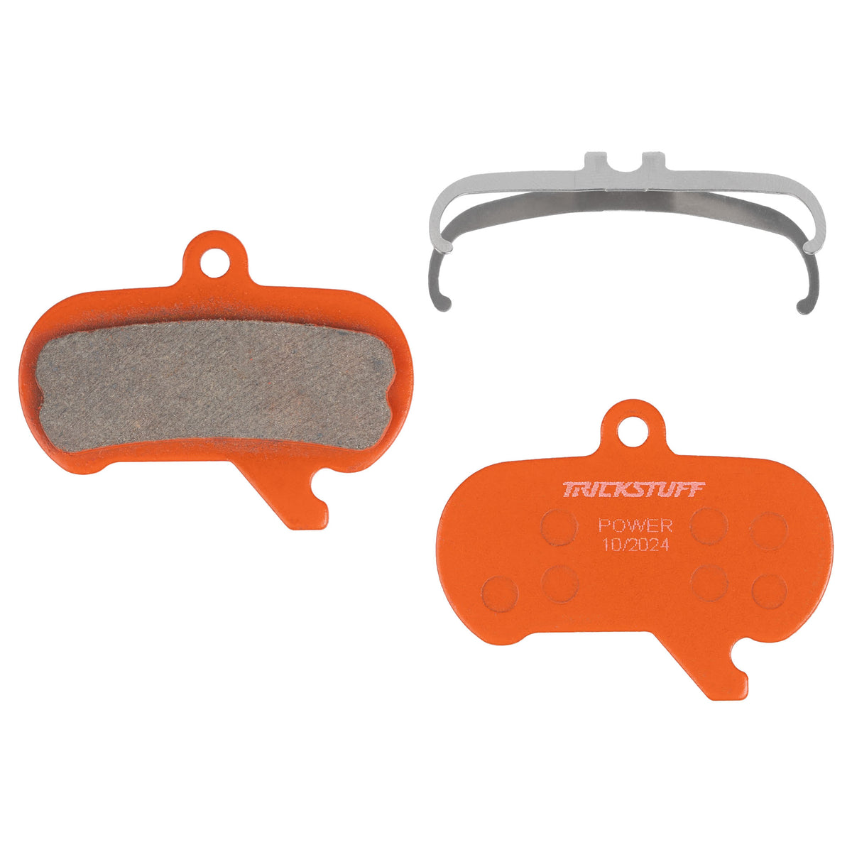 Trickstuff Power 870 brake pads, showing friction and backing faces with a retaining spring.