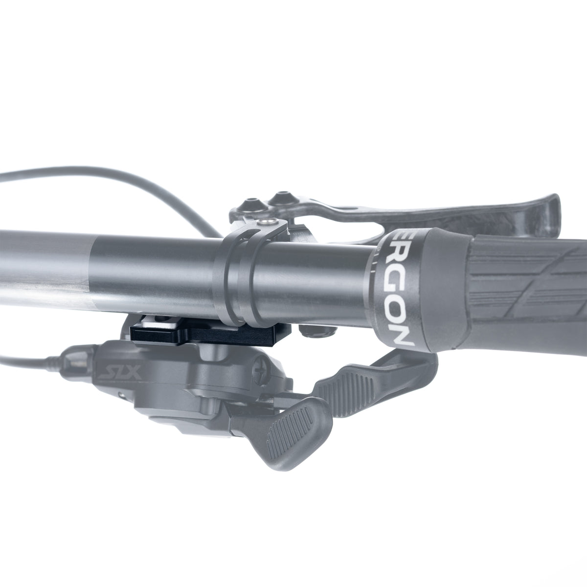 Trickstuff right-hand I-Spec EV brake-shifter interface shown beneath a brake lever on a handlebar.