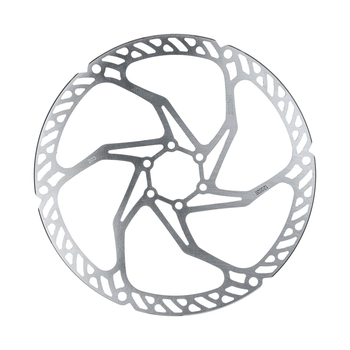 Trickstuff Dächle Ultralight 203mm six-bolt brake rotor, shown face-on with the diameter marking visible.