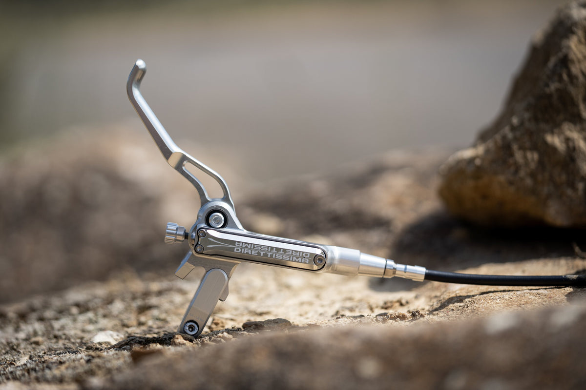 Silver Trickstuff Direttissima lever and pump body resting on rock.