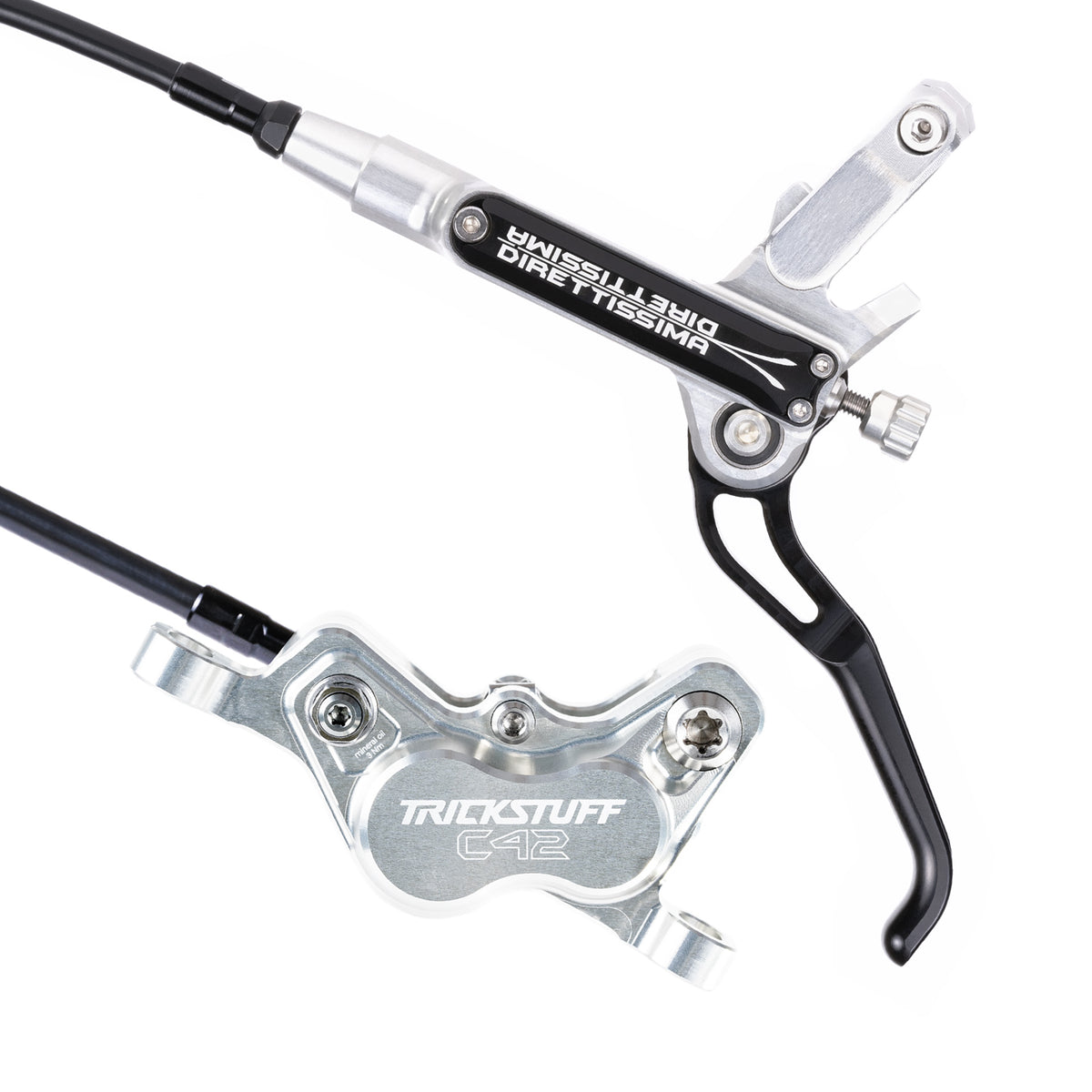 Trickstuff Direttissima brake lever and caliper in silver with black reservoir cap.