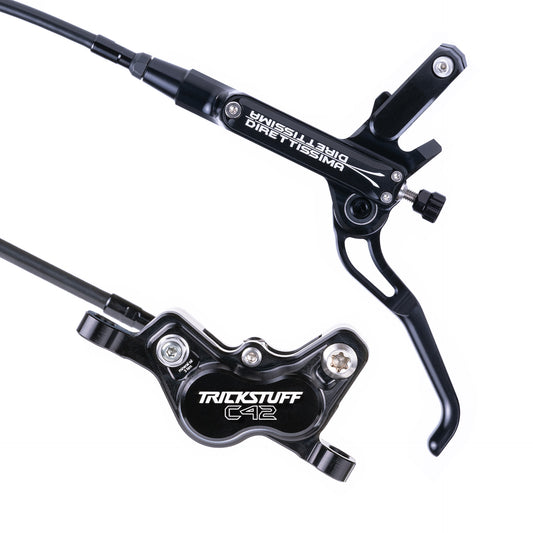 Trickstuff Direttissima brake lever and caliper in black with black reservoir cap.