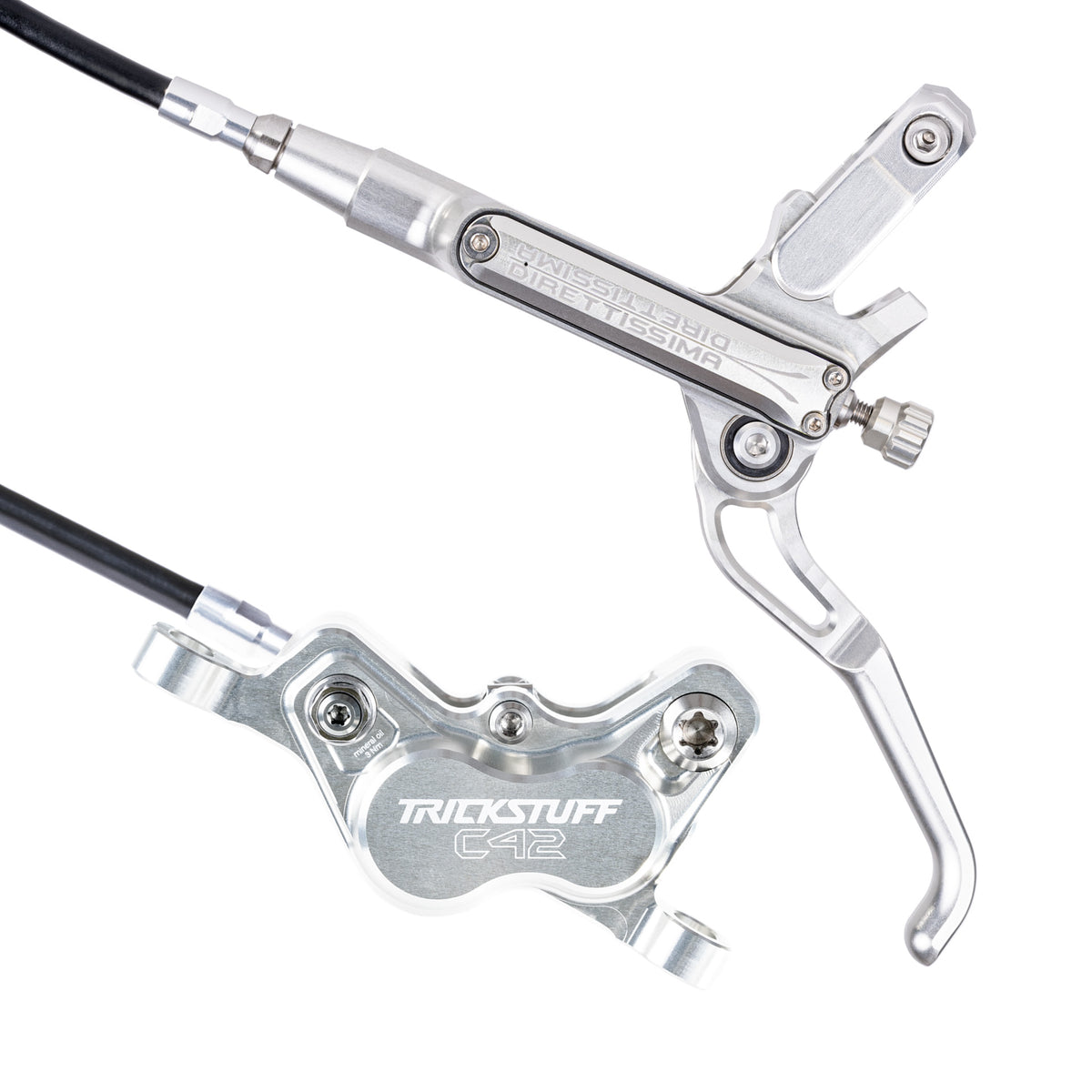 Trickstuff Direttissima brake lever and caliper in silver with silver reservoir cap.