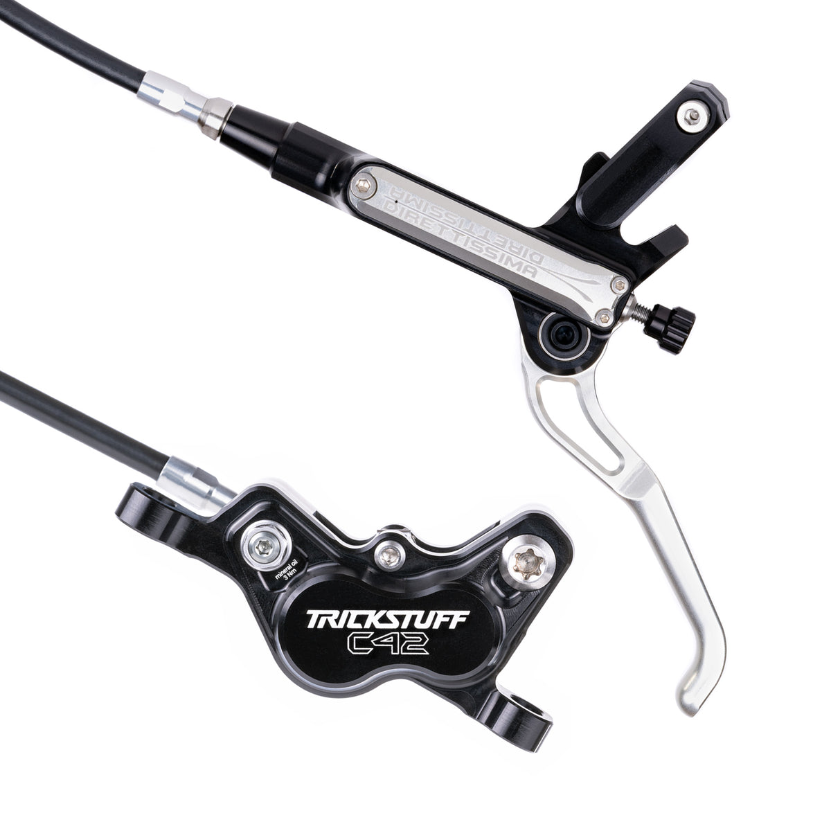 Trickstuff Direttissima brake lever and caliper in black with silver reservoir cap.