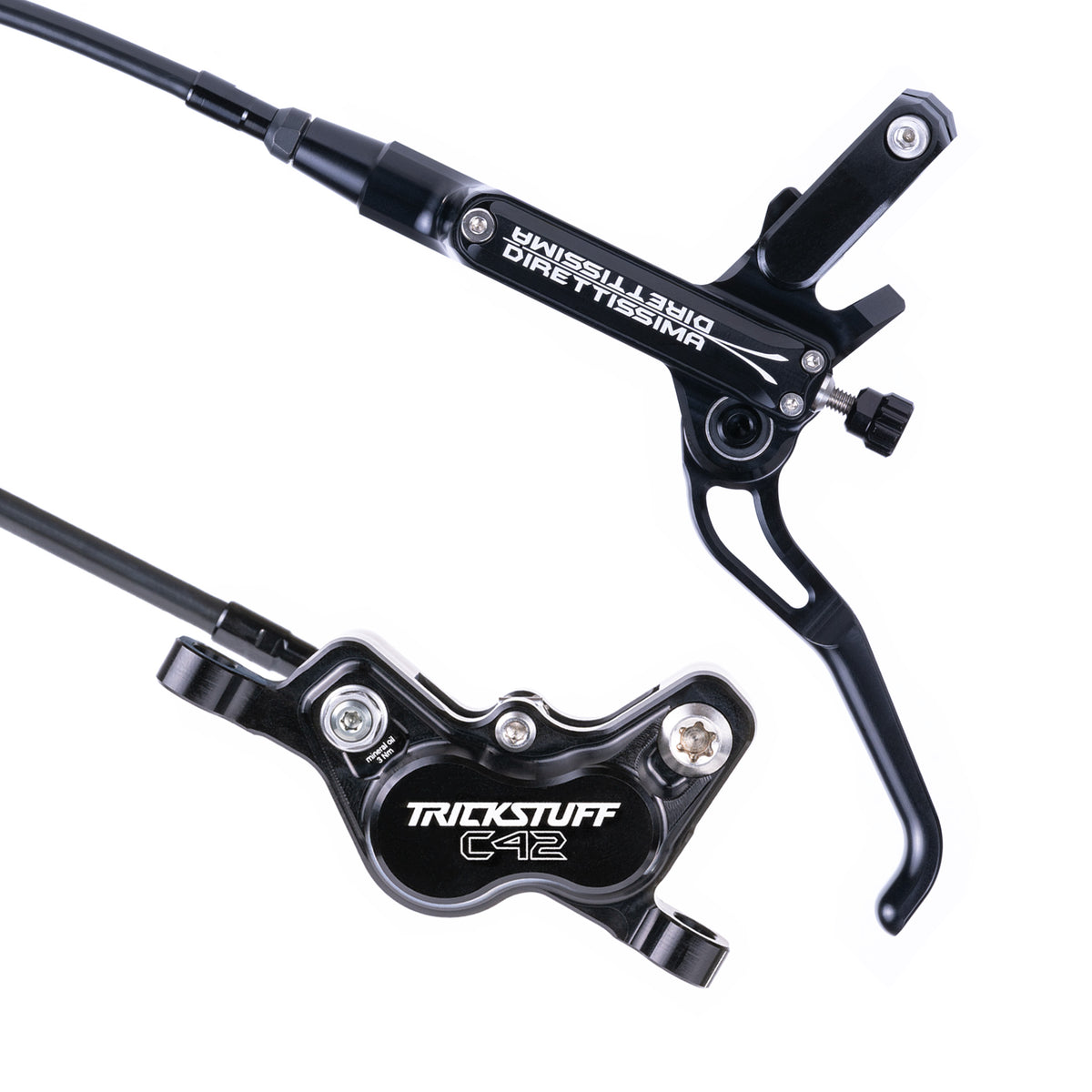 Trickstuff Direttissima brake lever and caliper in black with black reservoir cap.