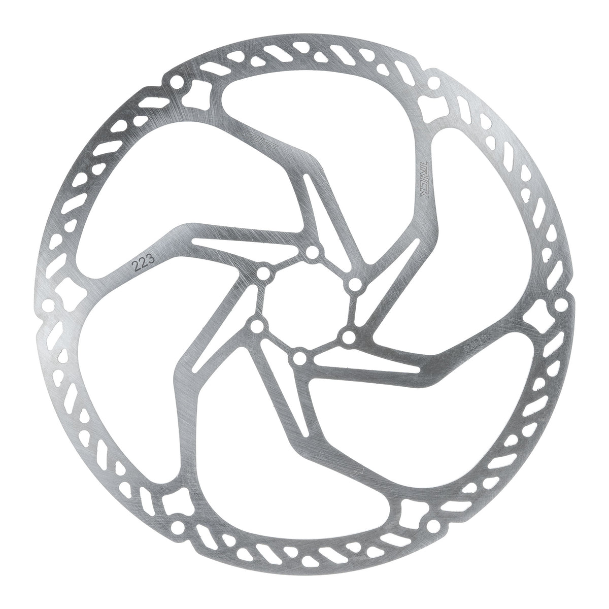 Trickstuff Downhill 223mm six-bolt brake rotor, shown face-on with the diameter marking visible.