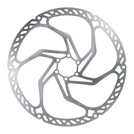 Trickstuff Downhill 223mm six-bolt brake rotor, shown face-on with the diameter marking visible.