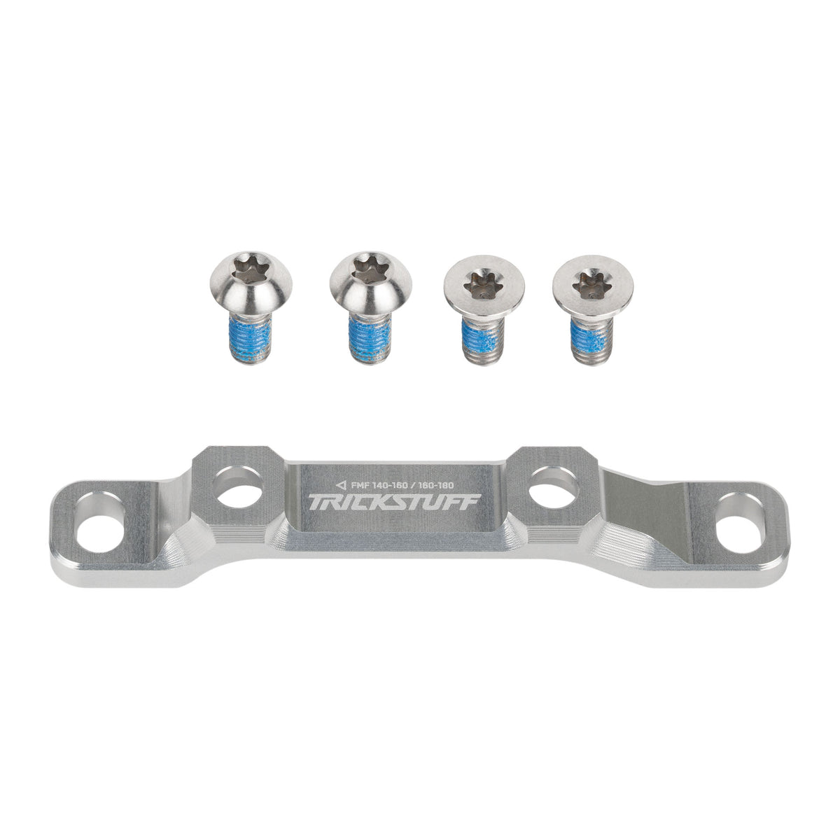 Silver Trickstuff front flat-mount brake adaptor with four mounting bolts.
