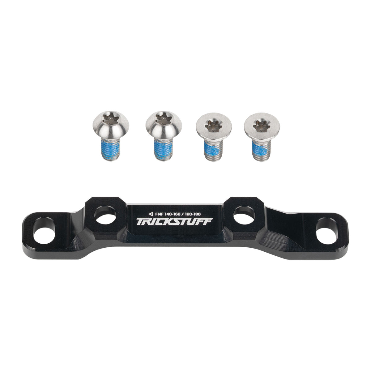 Black Trickstuff front flat-mount brake adaptor with four mounting bolts.
