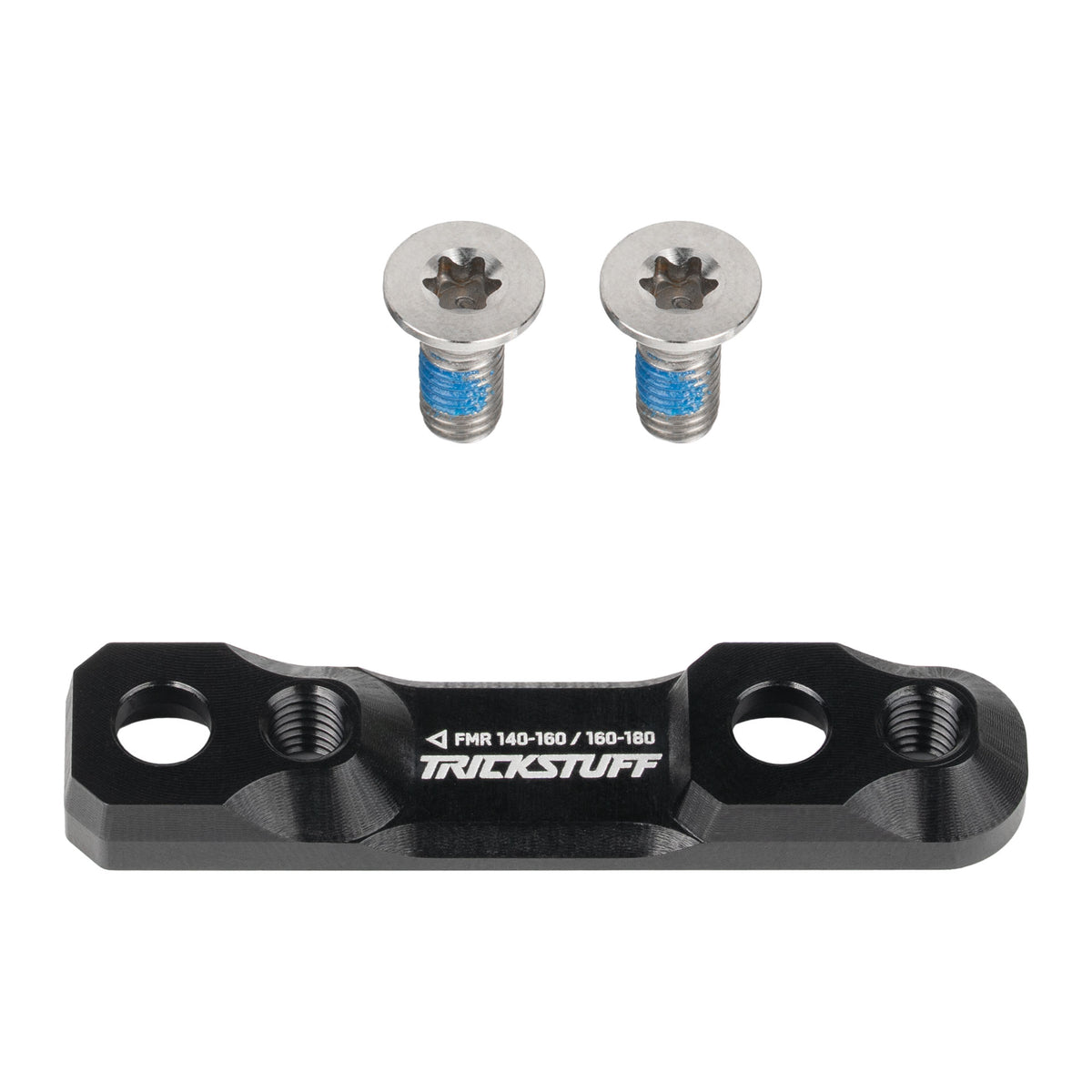 Black Trickstuff rear flat-mount brake adaptor with two mounting bolts.