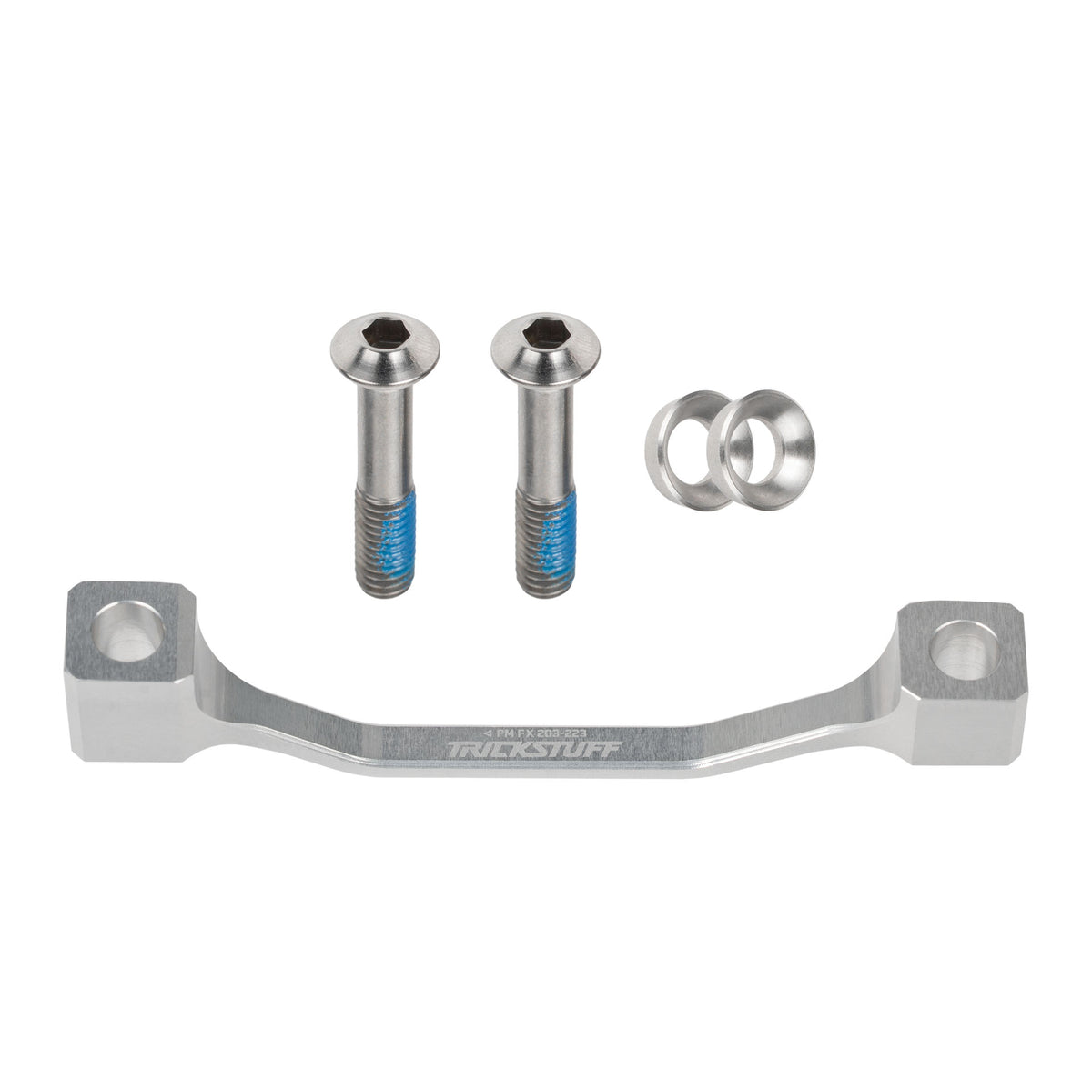 Silver Trickstuff Fox 40 203mm-to-223mm brake adaptor with mounting bolts and washers.