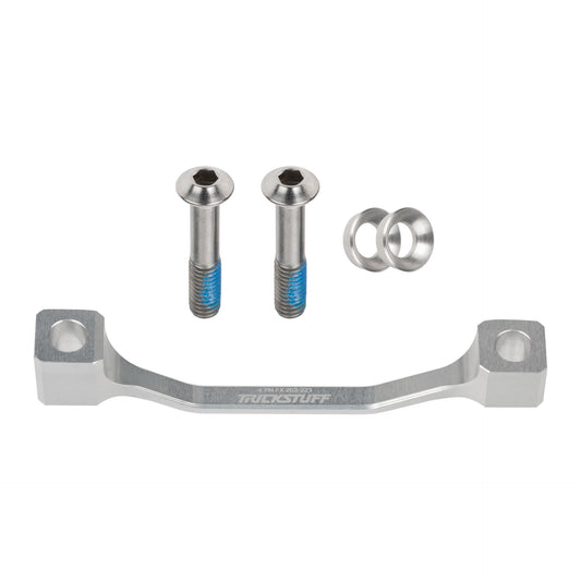 Silver Trickstuff Fox 40 203mm-to-223mm brake adaptor with mounting bolts and washers.
