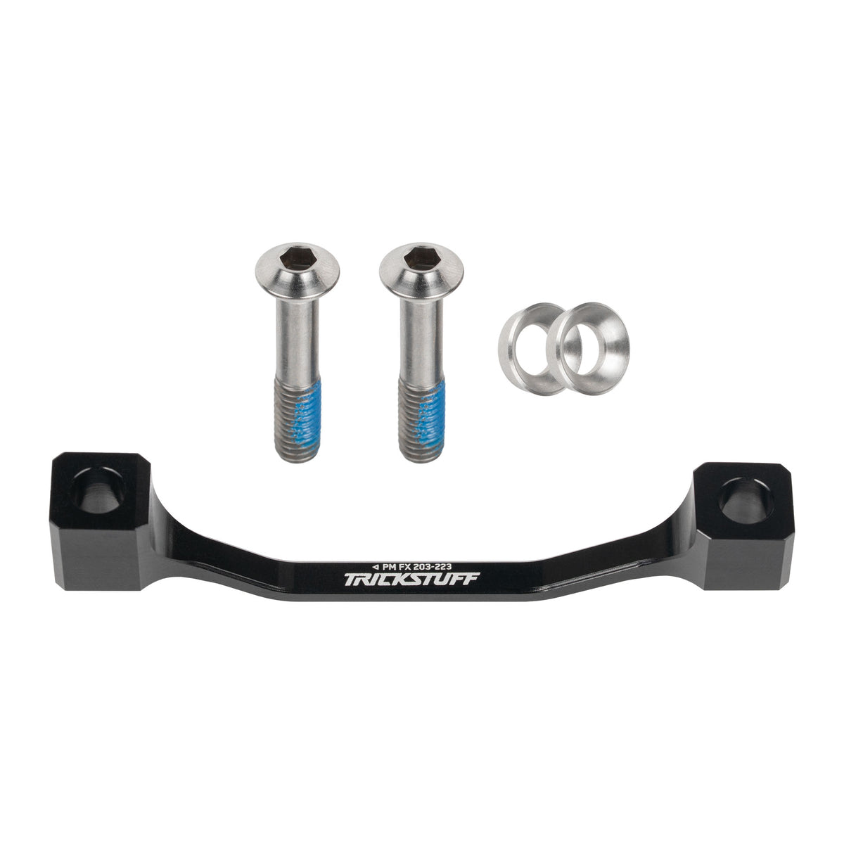 Black Trickstuff Fox 40 203mm-to-223mm brake adaptor with mounting bolts and washers.