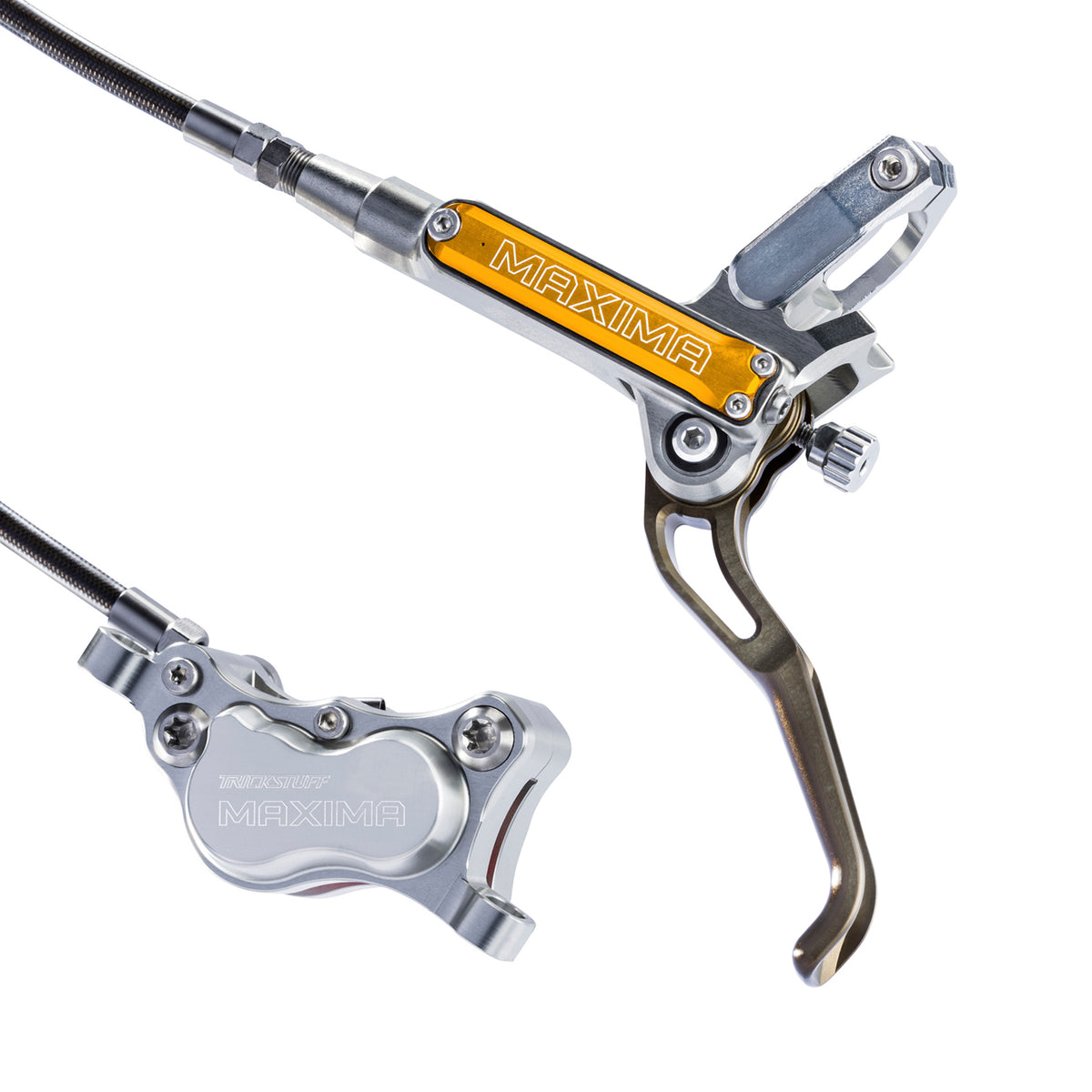 Trickstuff Maxima brake lever and caliper in silver with orange reservoir cap.