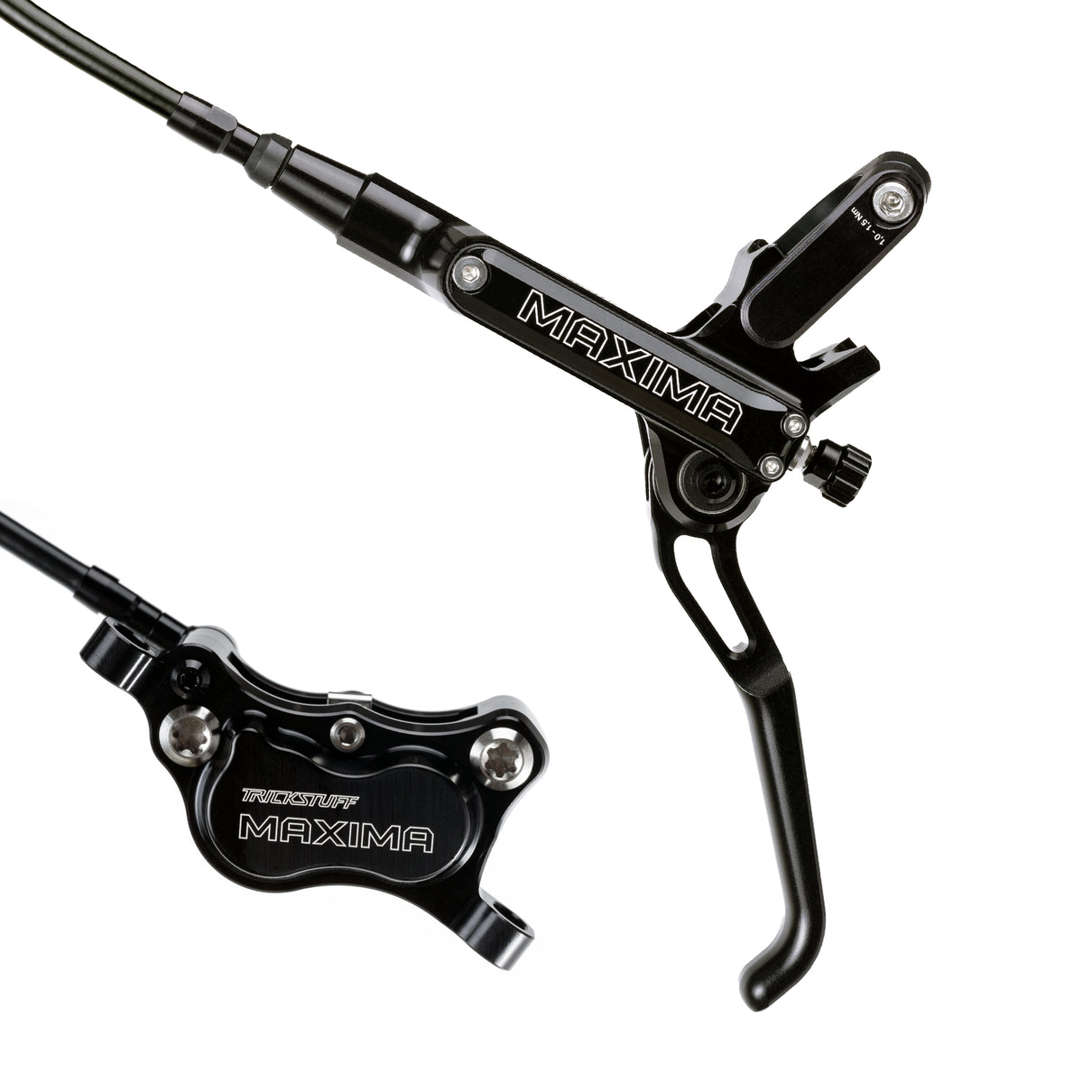 Trickstuff Maxima brake lever and caliper in black with black reservoir cap.