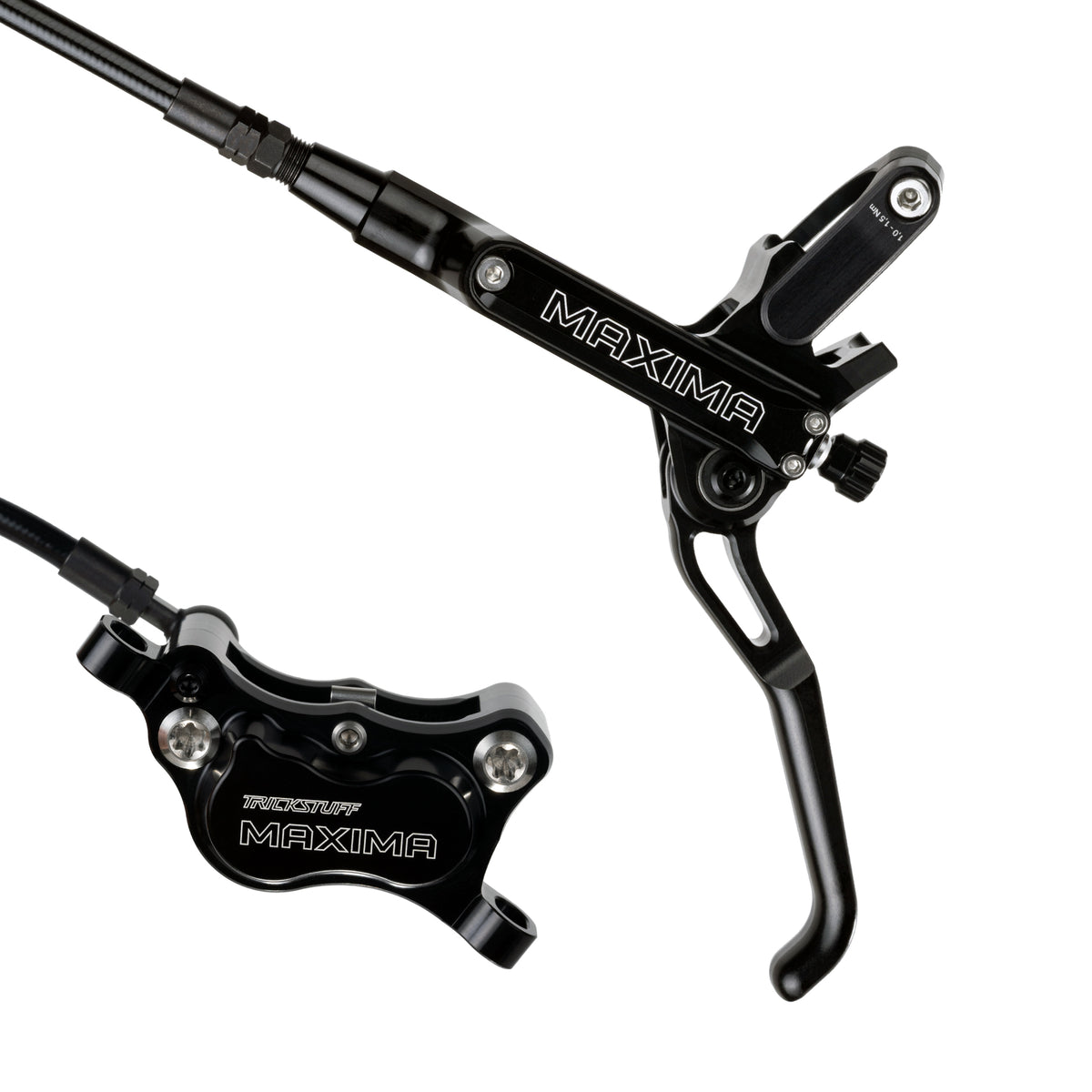 Trickstuff Maxima brake lever and caliper in black with black reservoir cap.