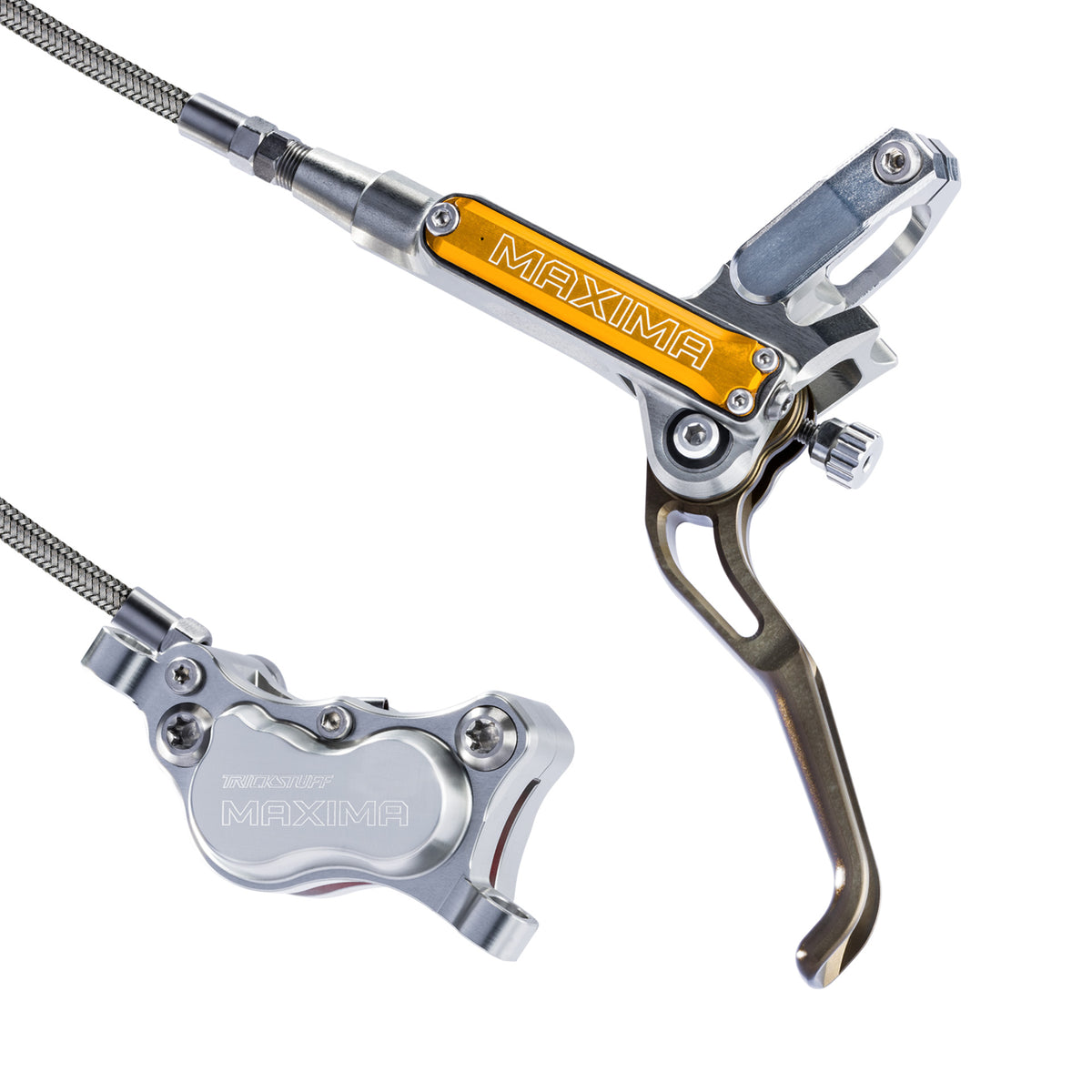 Trickstuff Maxima brake lever and caliper in silver with orange reservoir cap.