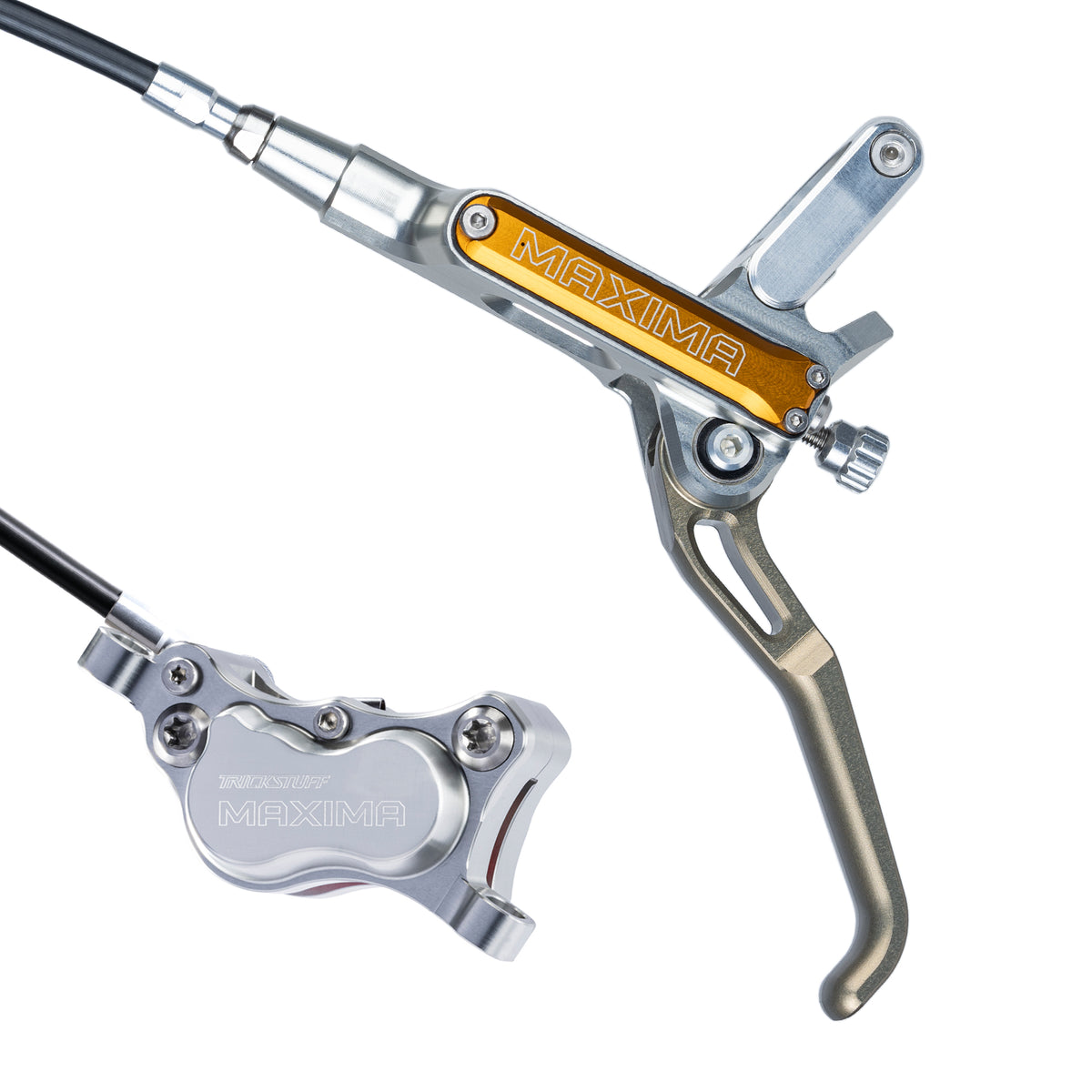 Trickstuff Maxima brake lever and caliper in silver with orange reservoir cap.