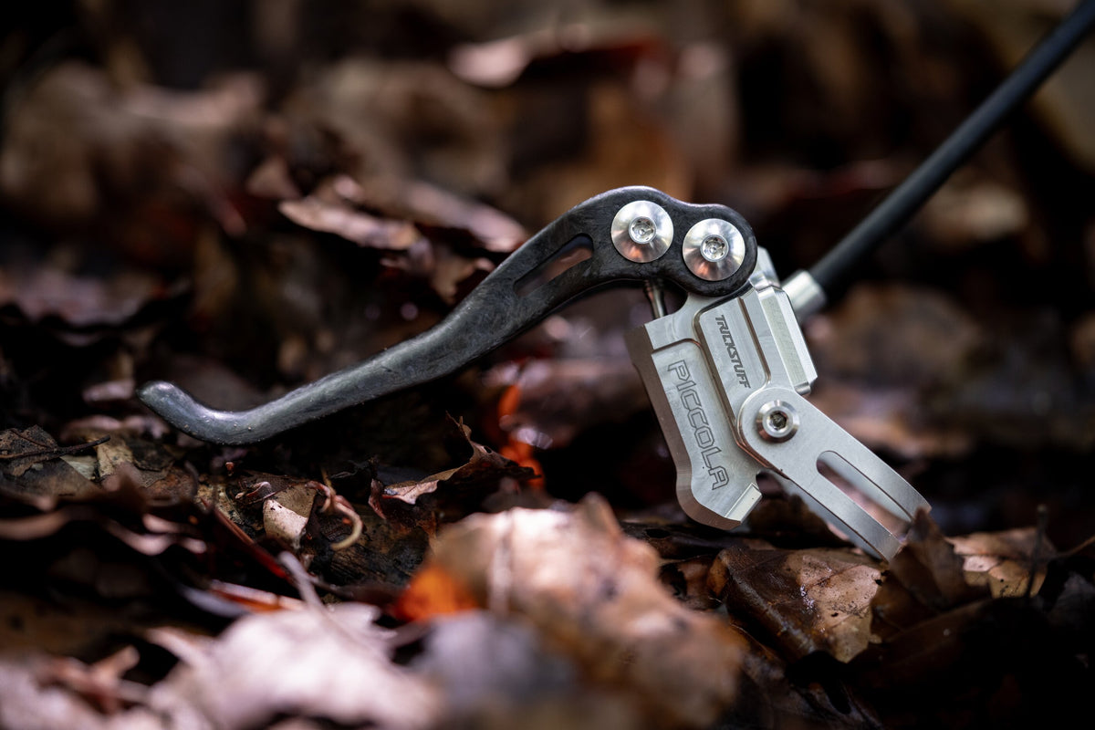 Trickstuff Piccola carbon brake lever on a silver pump body among fallen leaves.