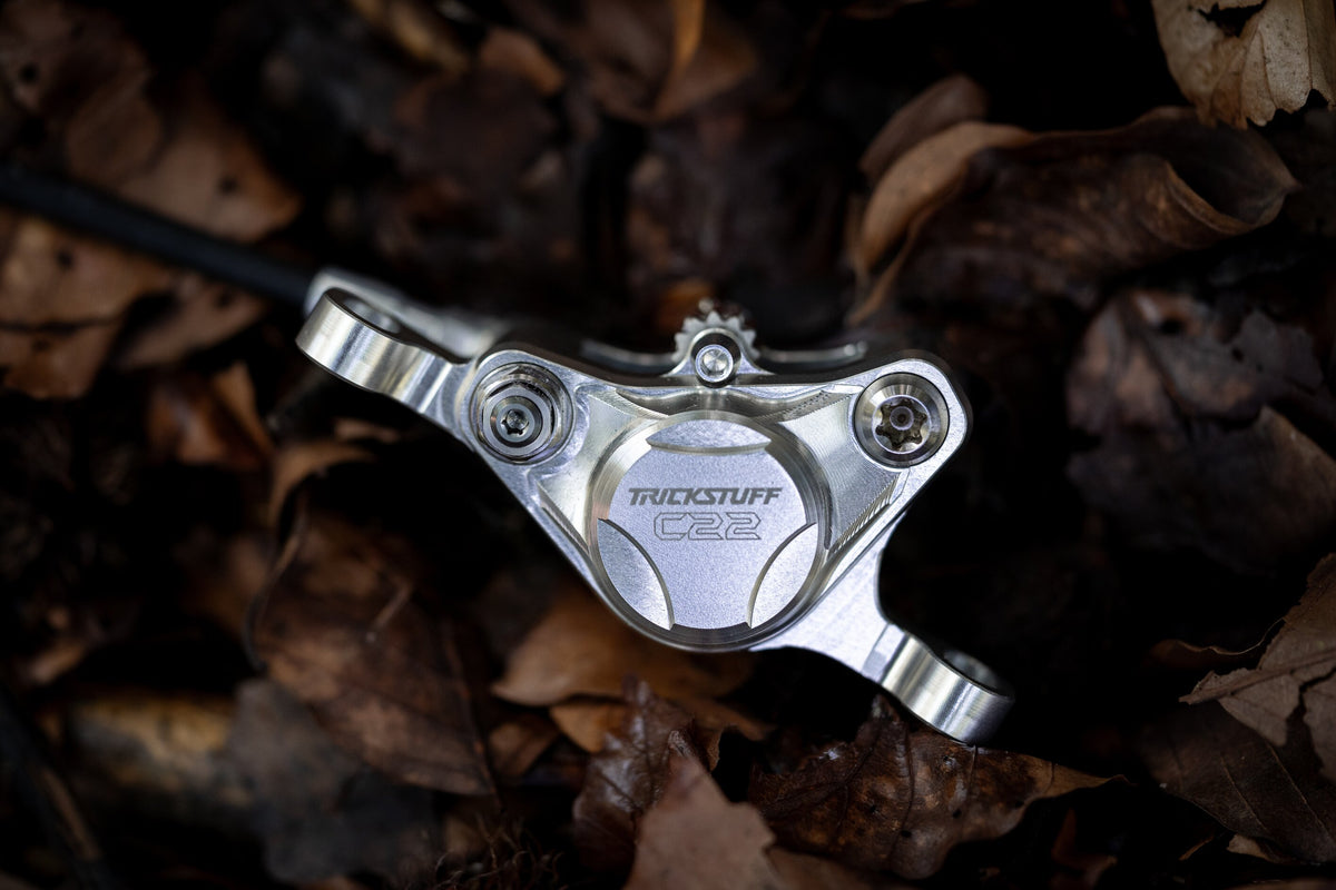 Silver Trickstuff C22 Post Mount caliper resting among fallen leaves.