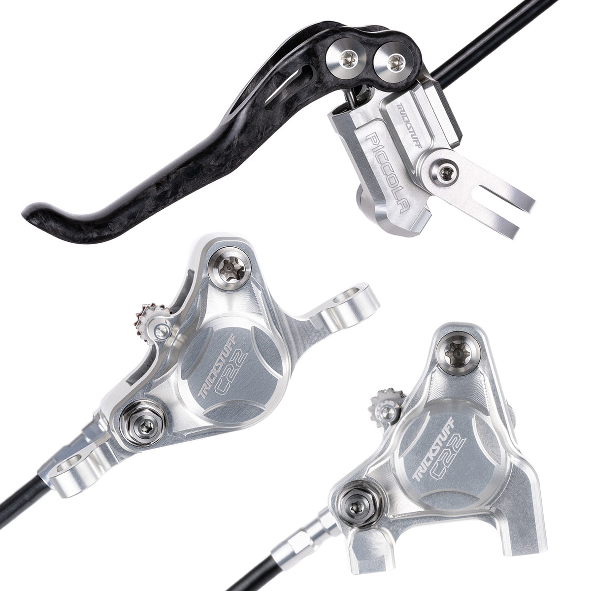 Trickstuff Piccola Carbon brake lever with post-mount and flat-mount calipers in silver with silver reservoir cap.