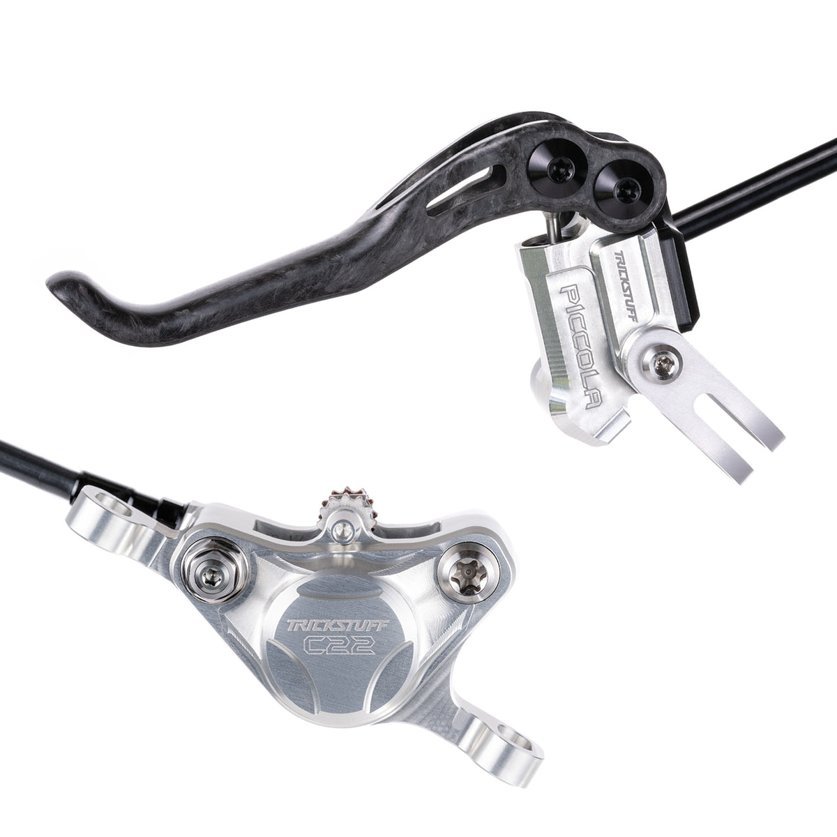 Trickstuff Piccola Carbon brake lever and caliper in silver with black reservoir cap.