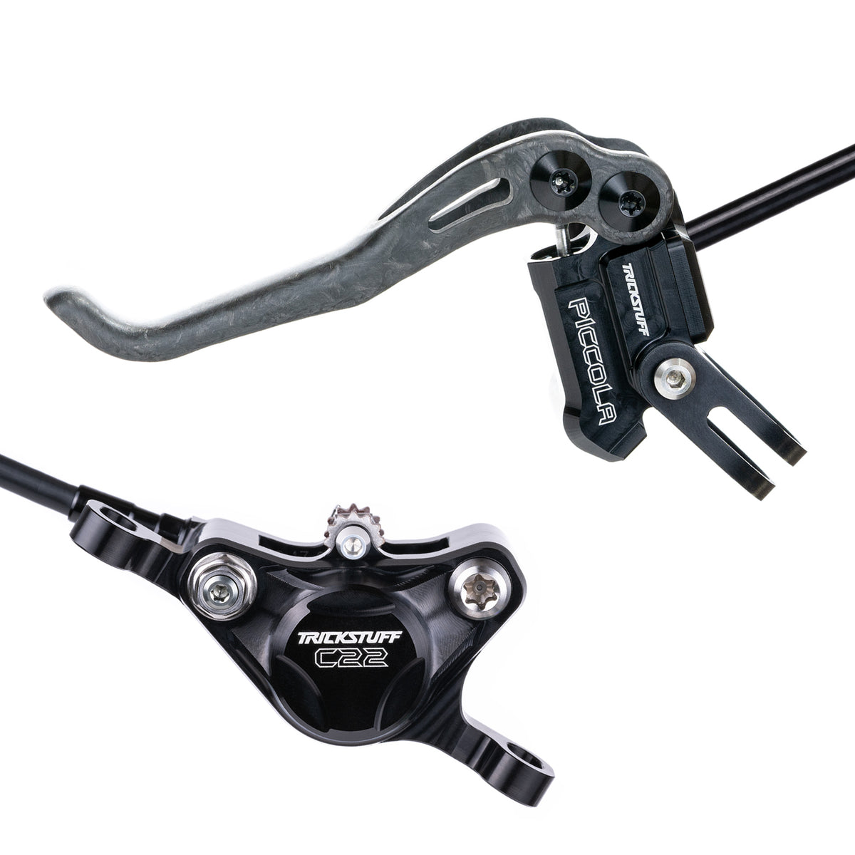 Trickstuff Piccola Carbon brake lever and caliper in black with black reservoir cap.