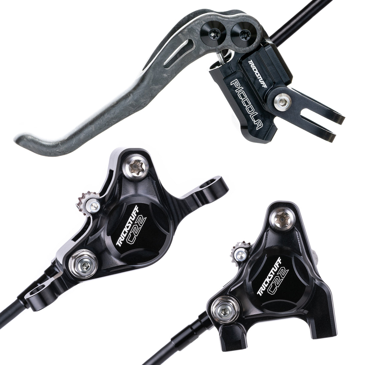 Trickstuff Piccola Carbon brake lever with post-mount and flat-mount calipers in black with black reservoir cap.
