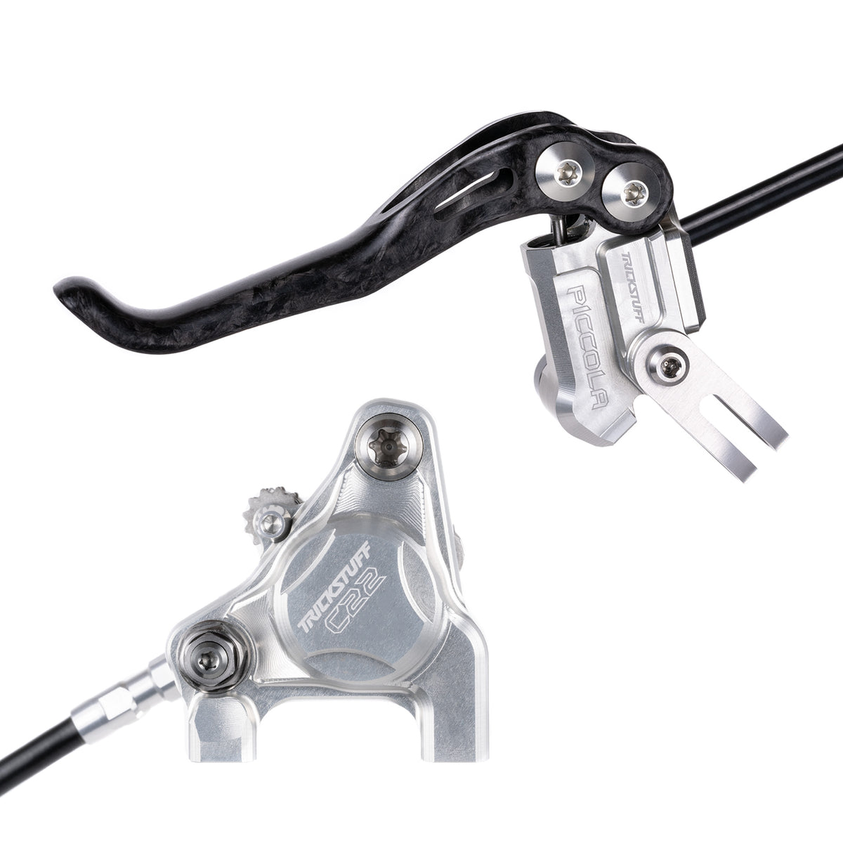 Trickstuff Piccola Carbon brake lever and caliper in silver with silver reservoir cap.