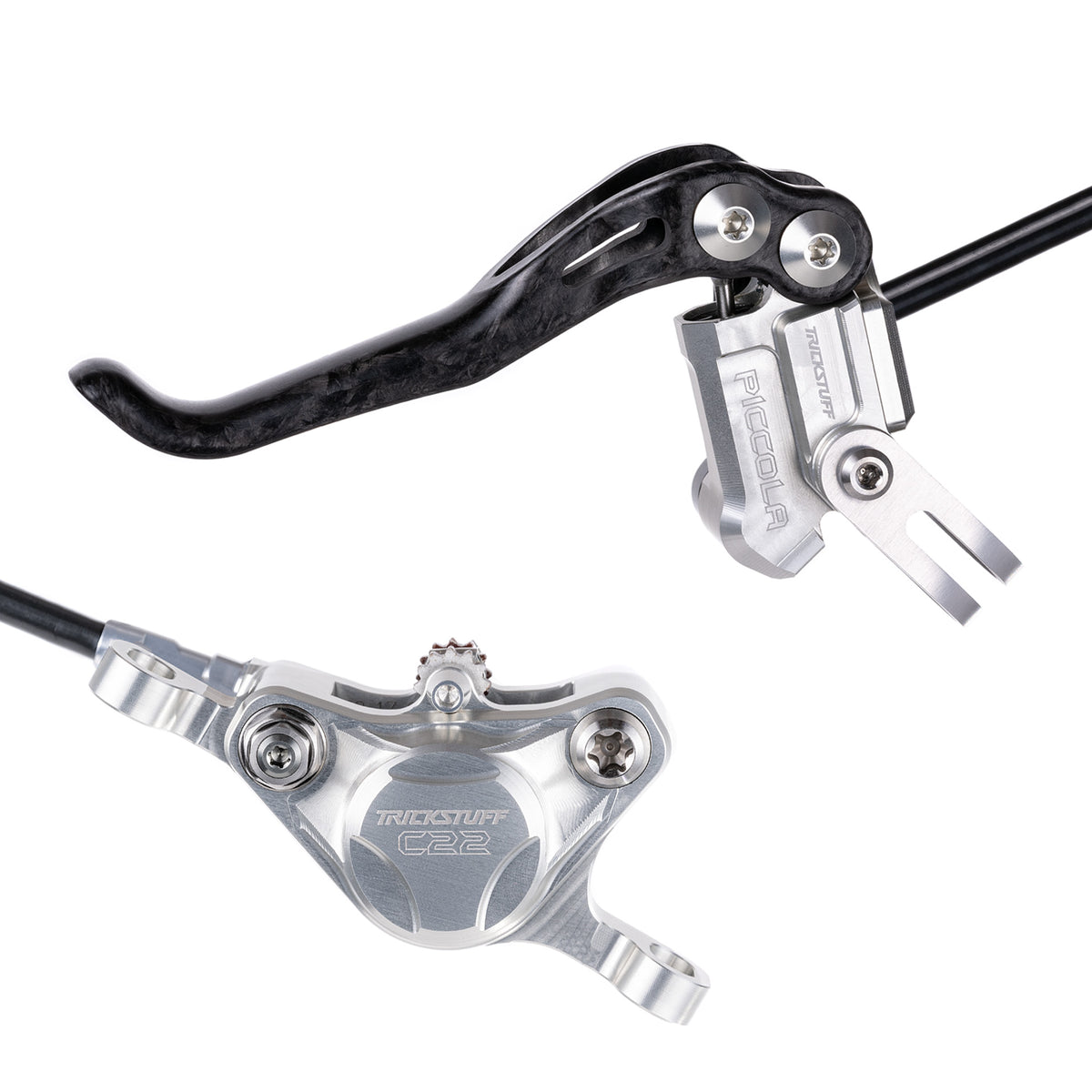 Trickstuff Piccola Carbon lever and C22 caliper, silver body / silver cap.
