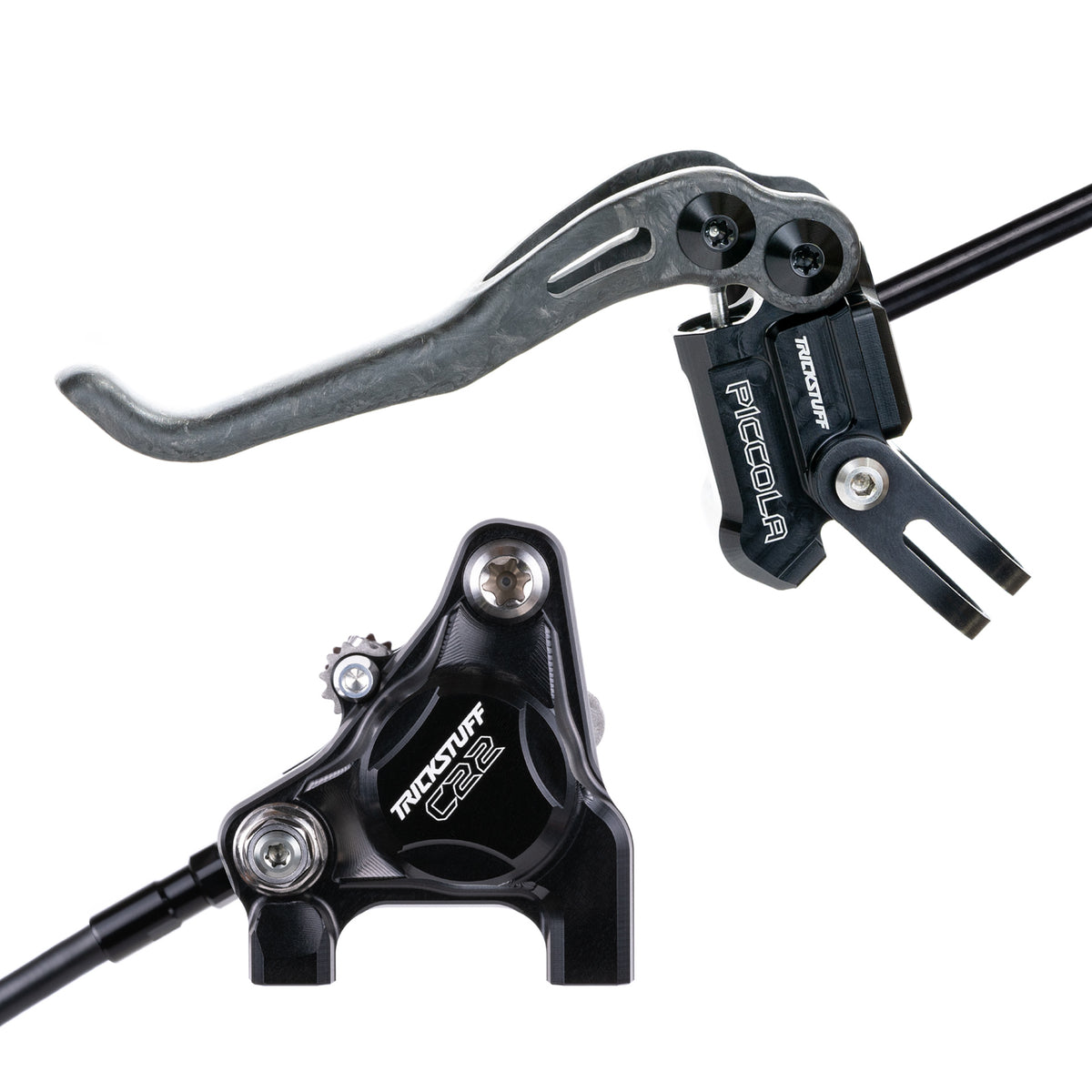 Trickstuff Piccola Carbon brake lever and caliper in black with black reservoir cap.