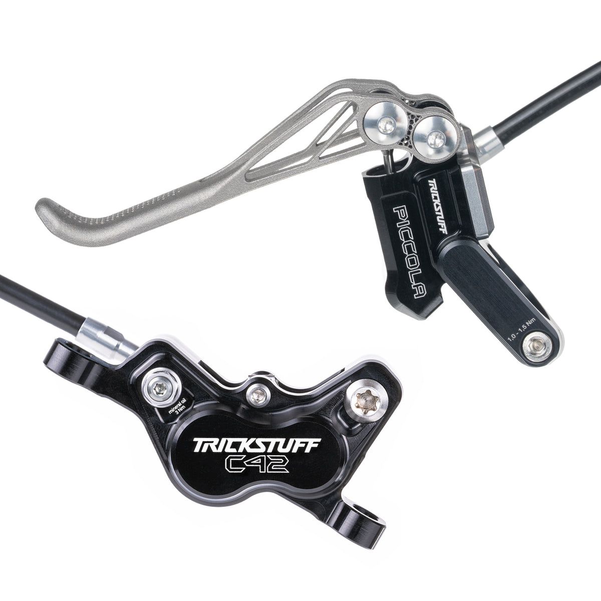 Trickstuff Piccola HD Titanium brake lever and caliper in black with silver reservoir cap.