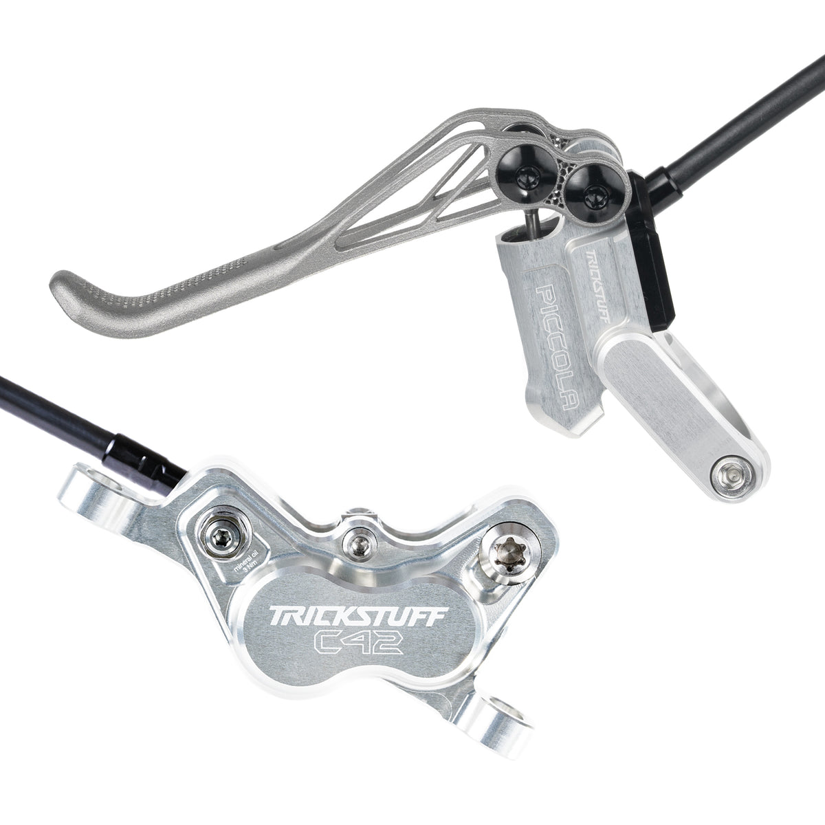 Trickstuff Piccola HD Titanium brake lever and caliper in silver with black reservoir cap.