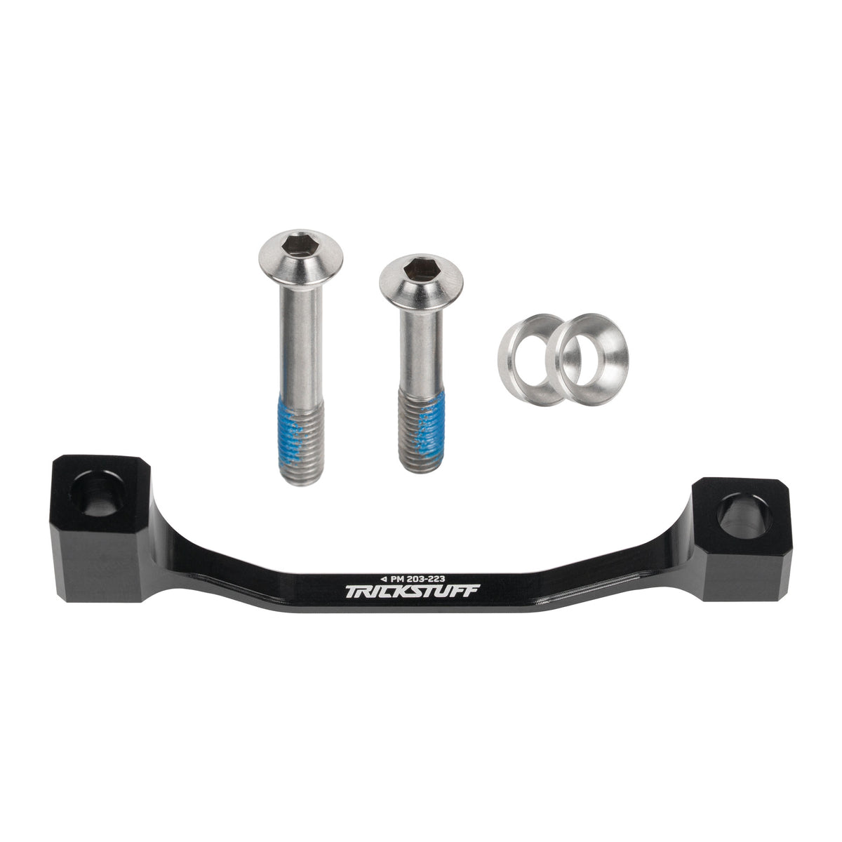 Black Trickstuff post-mount brake adaptor with mounting bolts and washers.