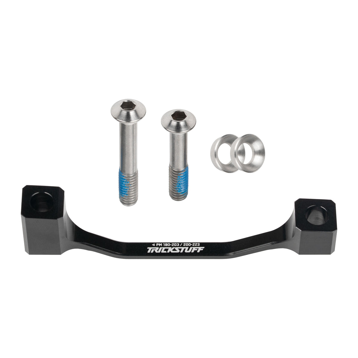 Black Trickstuff post-mount brake adaptor with mounting bolts and washers.