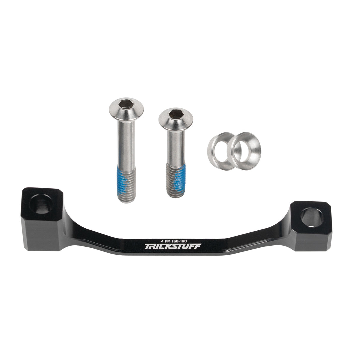 Black Trickstuff post-mount brake adaptor with mounting bolts and washers.