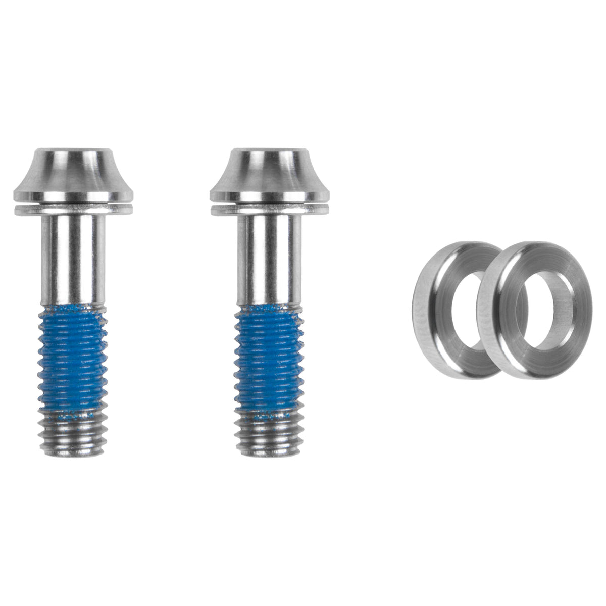 Trickstuff 3mm post-mount spacers with mounting bolts and blue threadlock.
