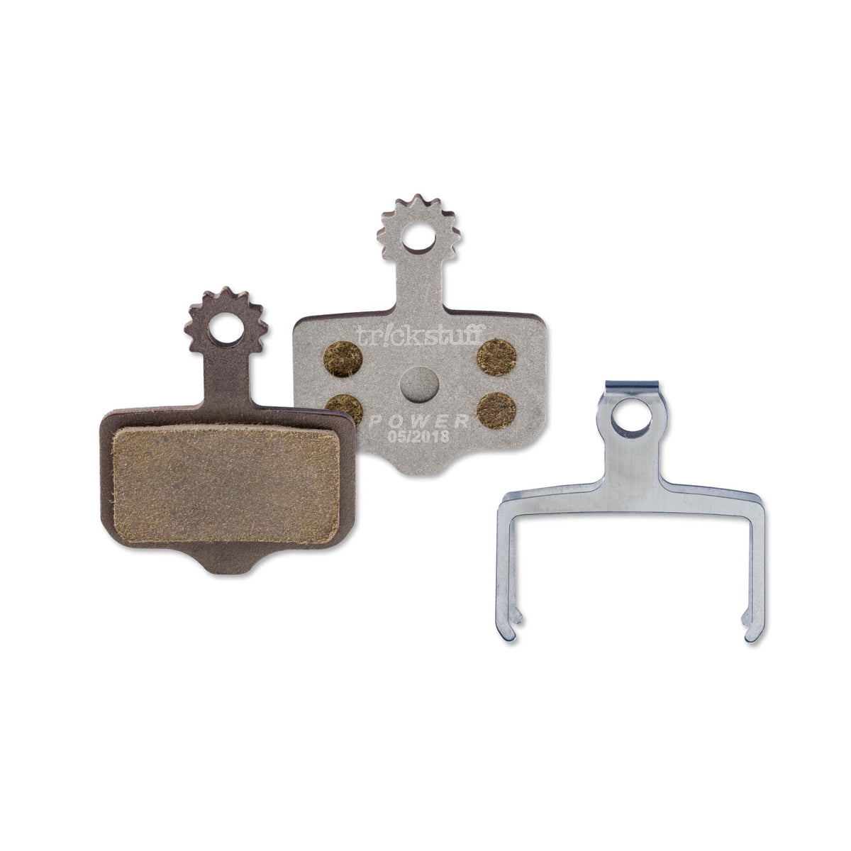 Trickstuff Power Alu 830 brake pads, showing friction and backing faces with a retaining spring.