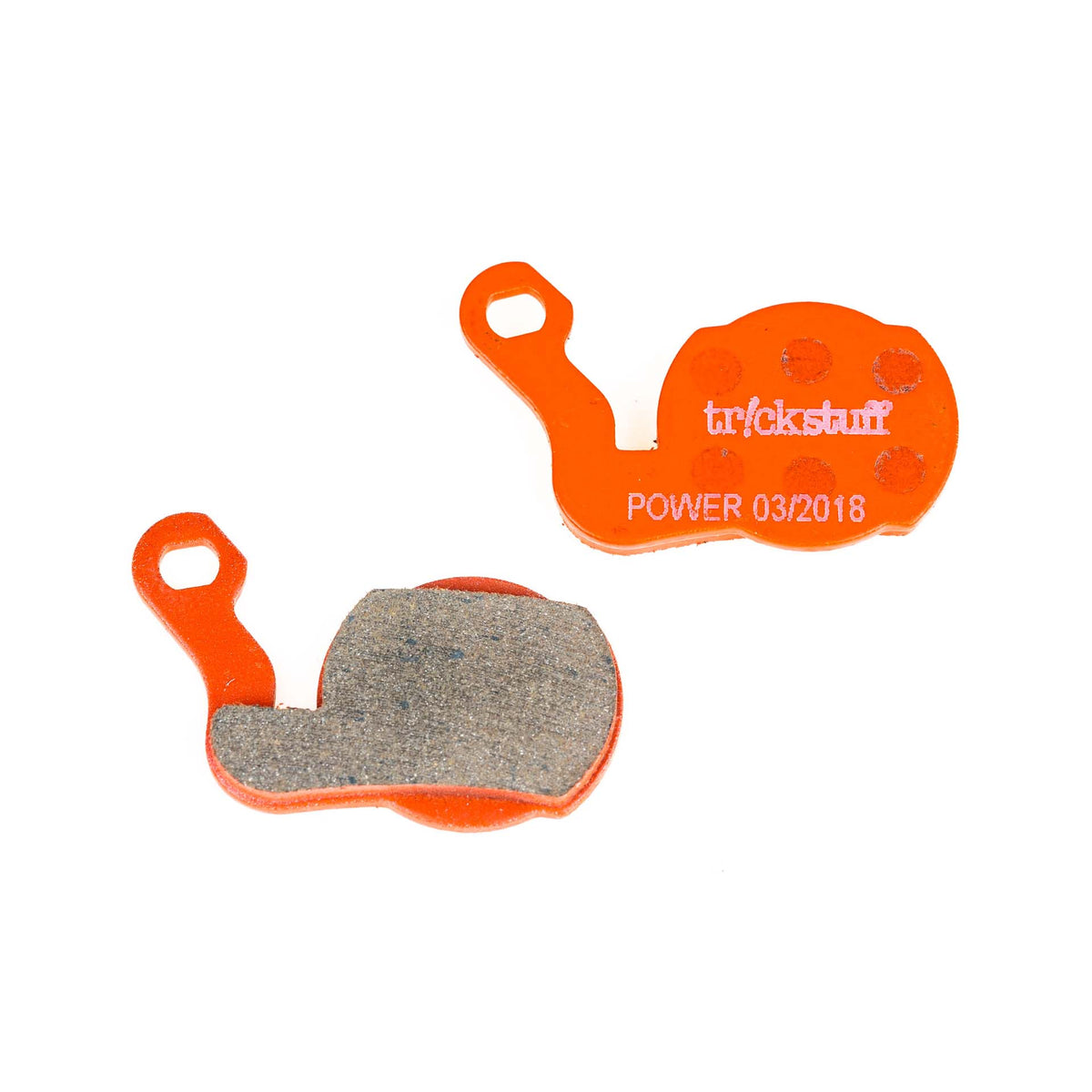 Trickstuff Power 150 brake pads, showing friction and backing faces.