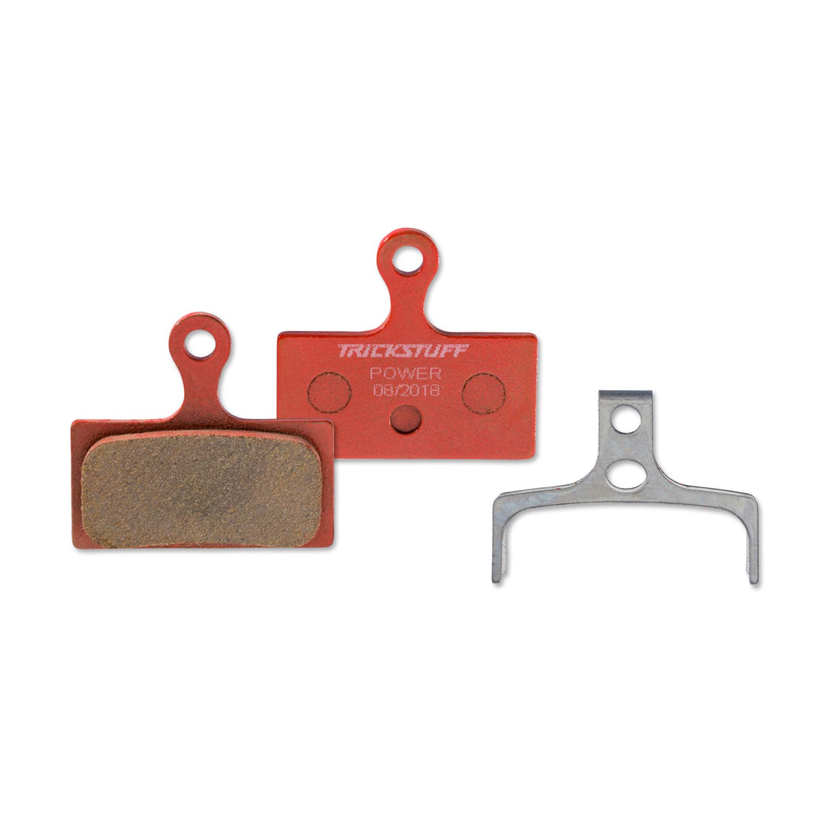 Trickstuff Power 250 brake pads, showing friction and backing faces with a retaining spring.