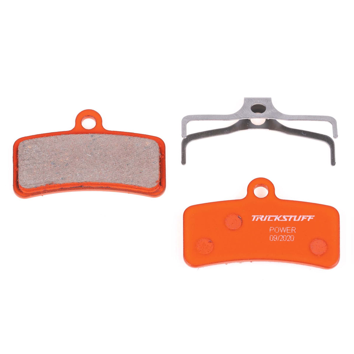 Trickstuff Power 260 brake pads, showing friction and backing faces with a retaining spring.