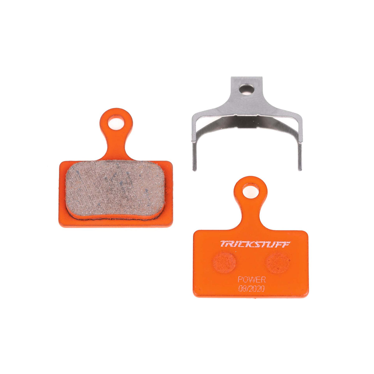 Trickstuff Power 270 brake pads, showing friction and backing faces with a retaining spring.