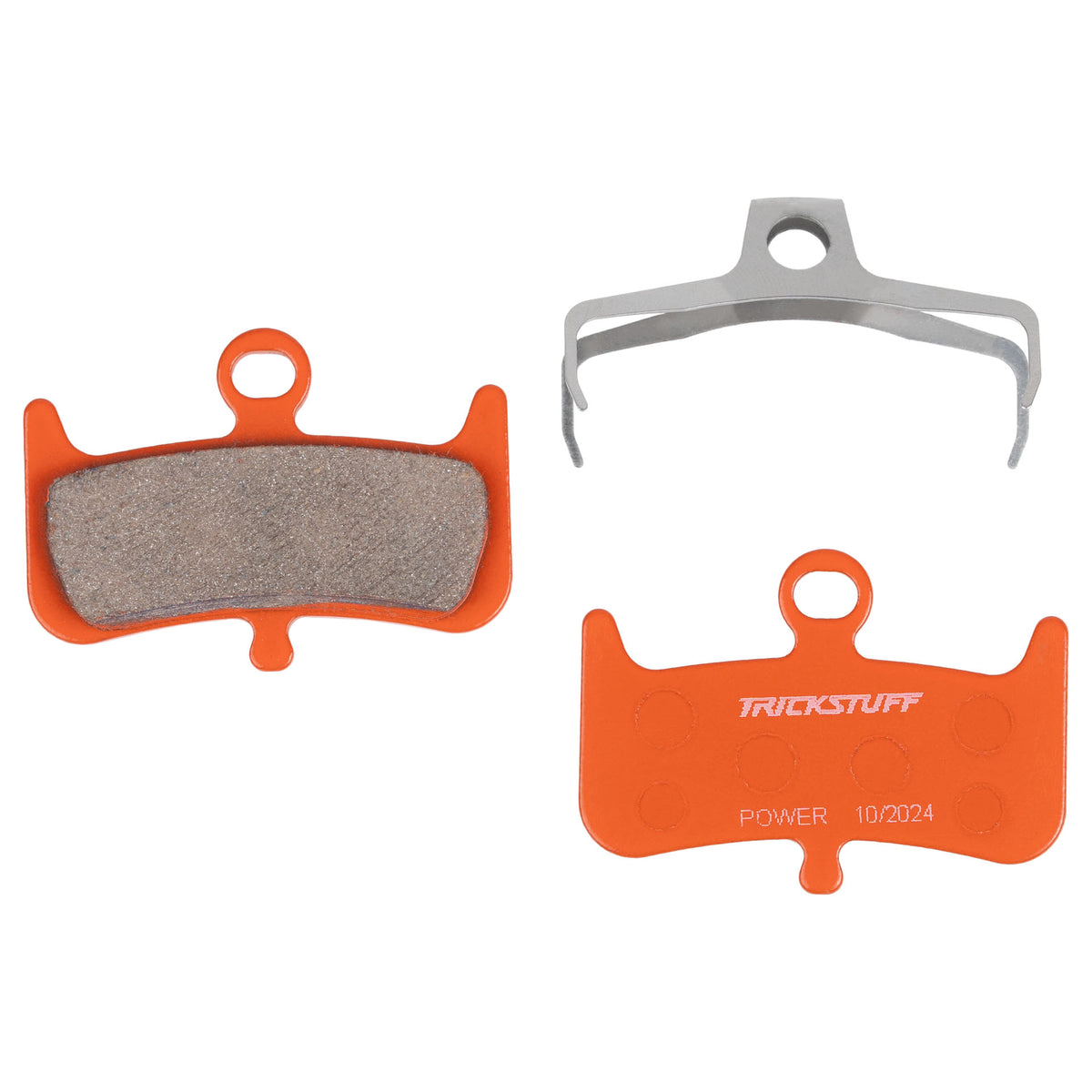 Trickstuff Power 350 brake pads, showing friction and backing faces with a retaining spring.