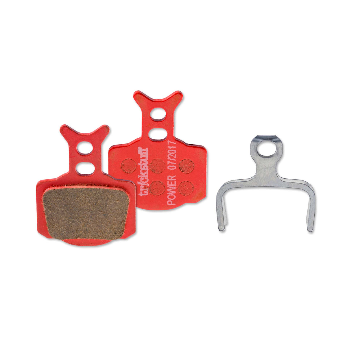 Trickstuff Power 630 brake pads, showing friction and backing faces with a retaining spring.