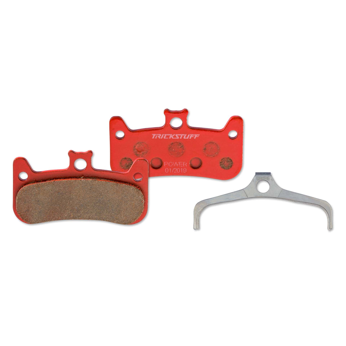 Trickstuff Power 640 brake pads, showing friction and backing faces with a retaining spring.