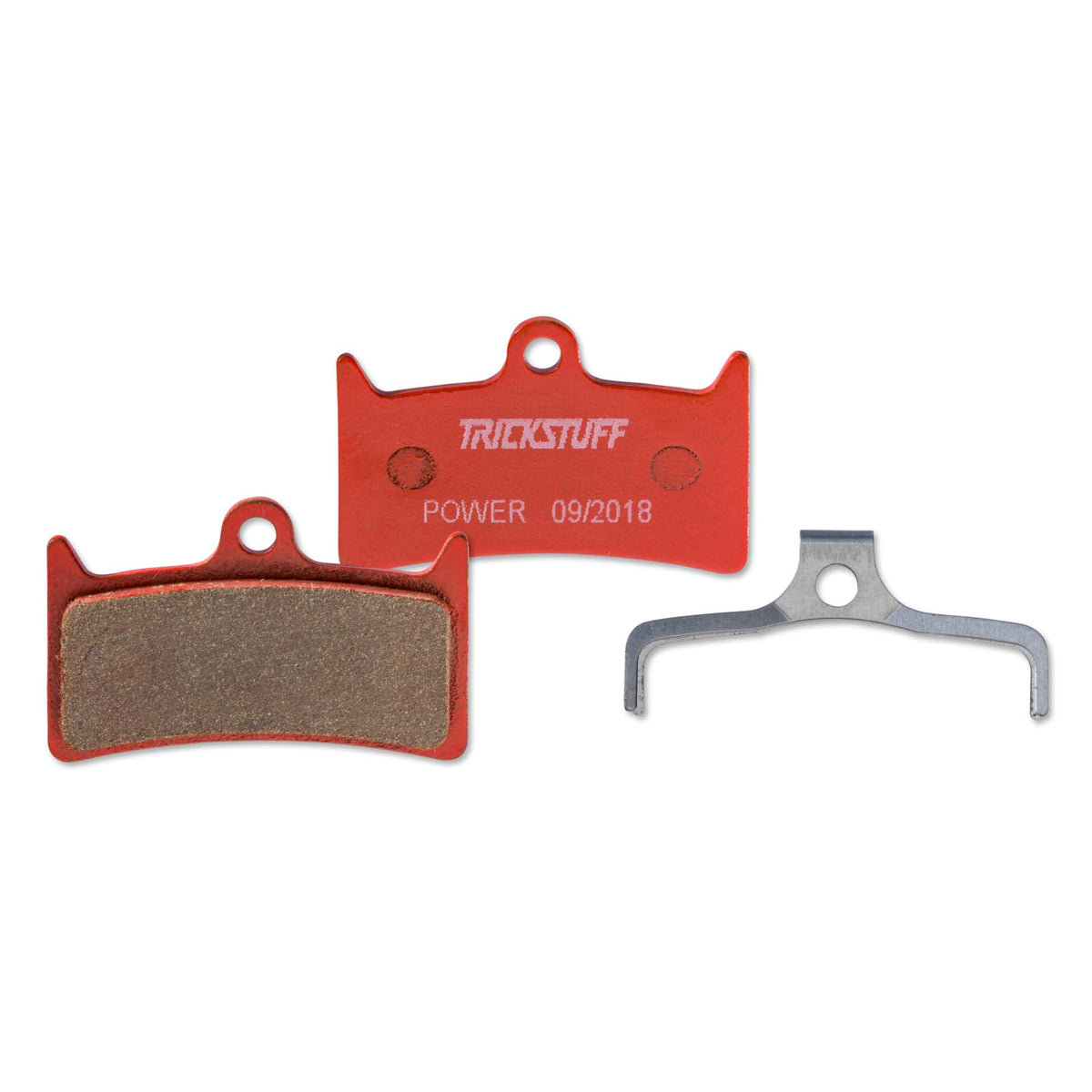Trickstuff Power 730 brake pads, showing friction and backing faces with a retaining spring.