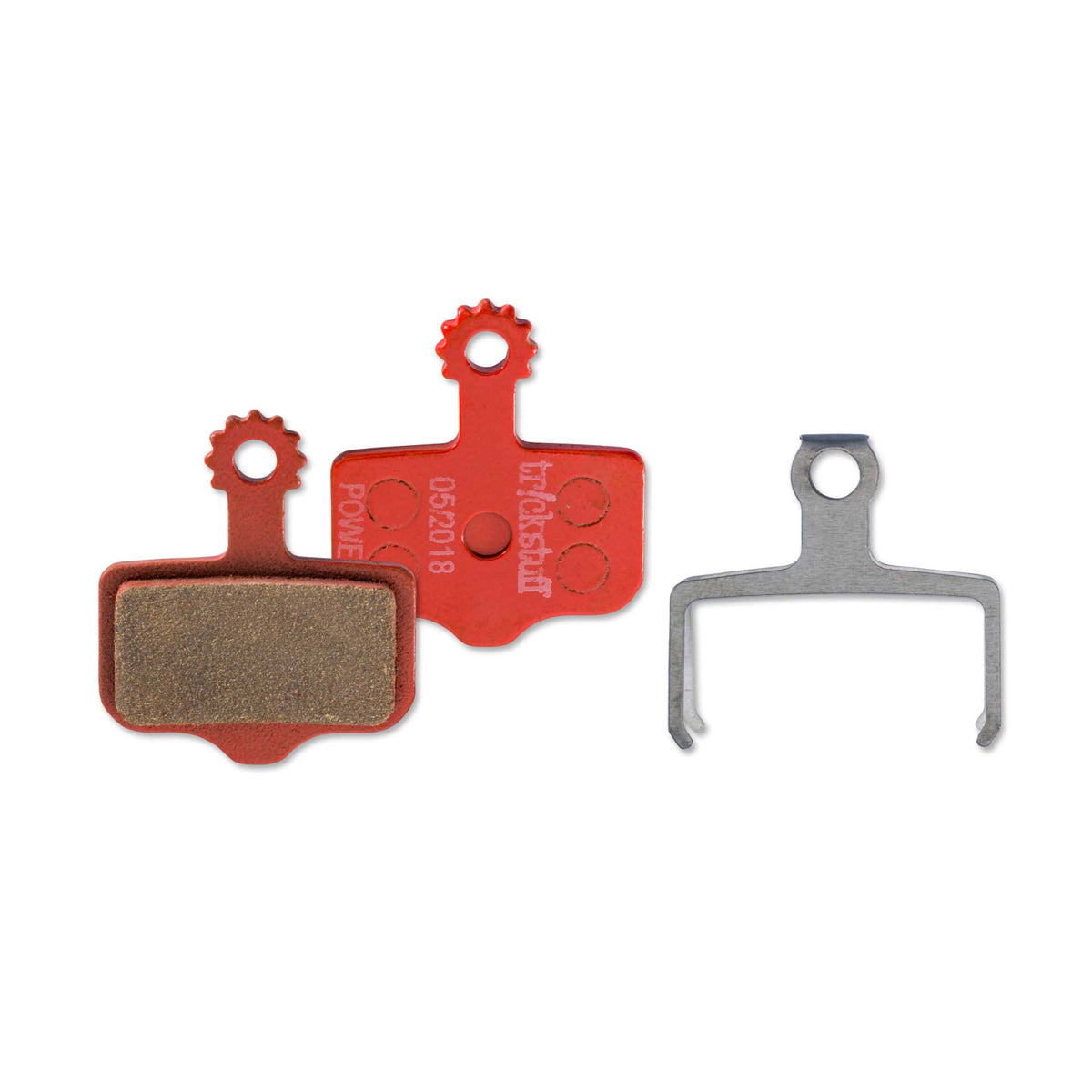 Trickstuff Power 830 brake pads, showing friction and backing faces with a retaining spring.