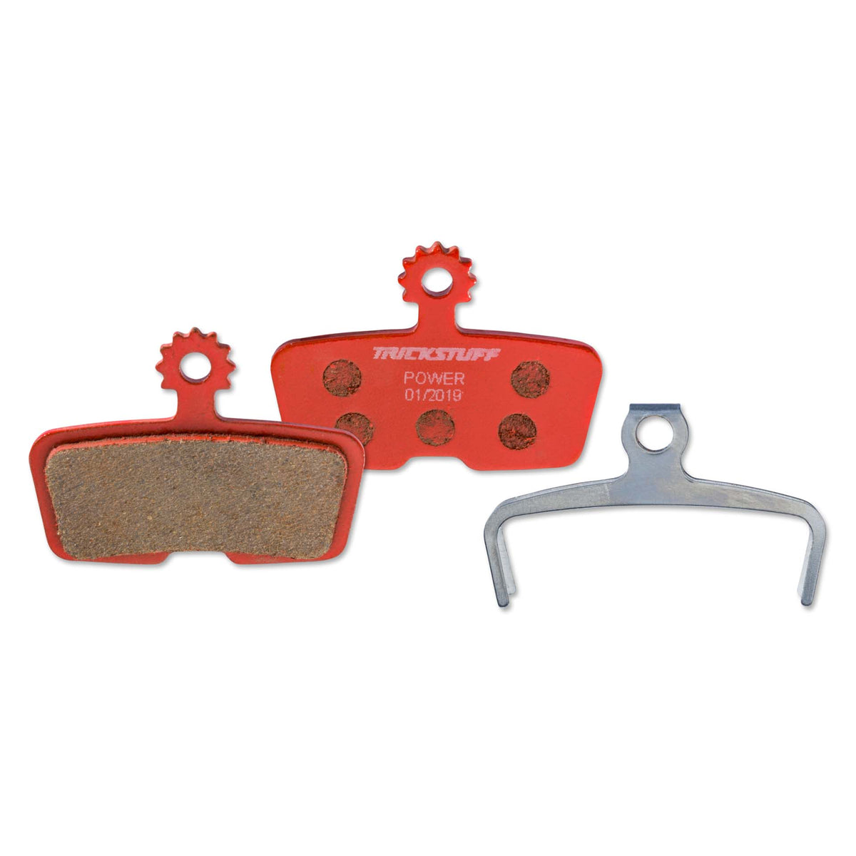 Trickstuff Power 840 brake pads, showing friction and backing faces with a retaining spring.