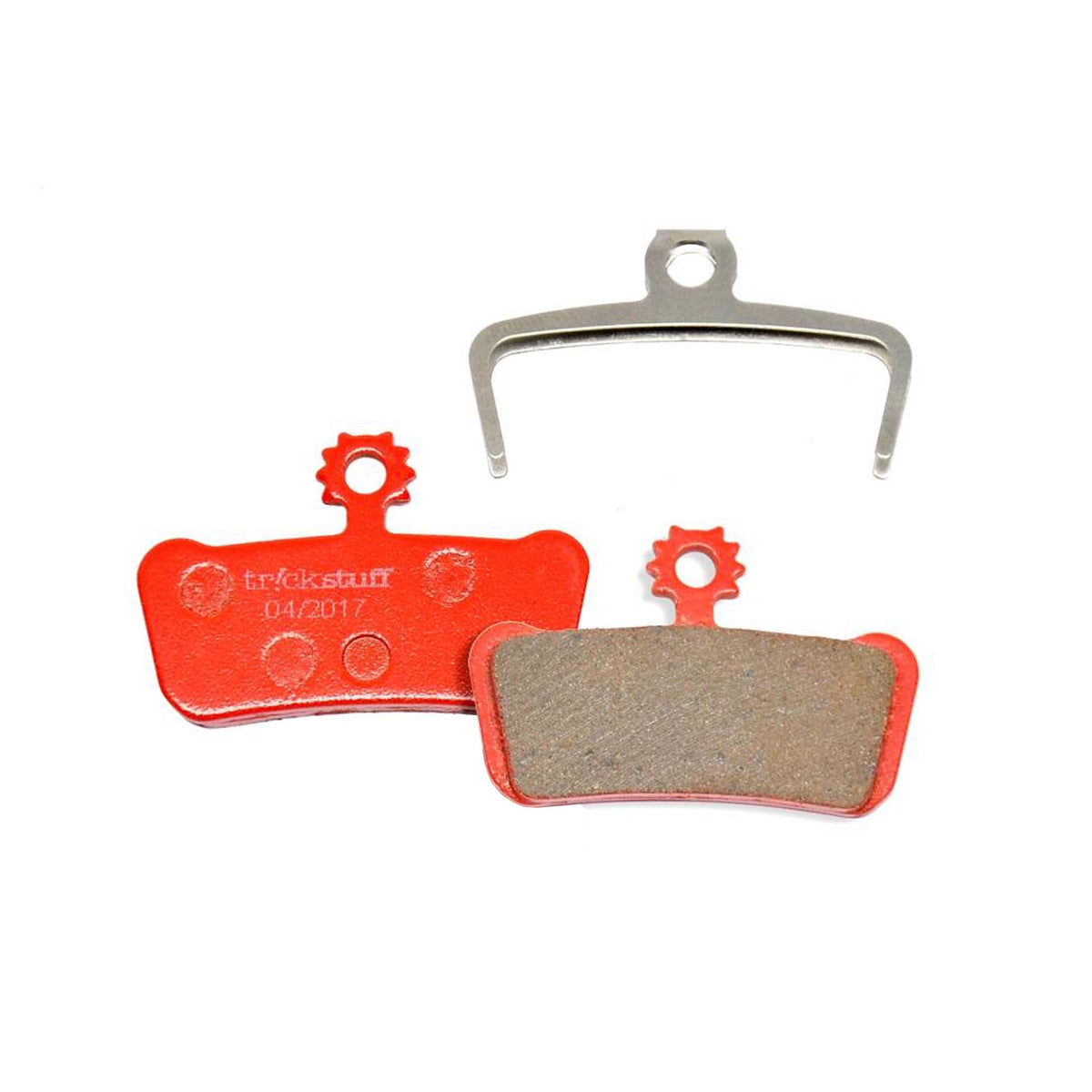 Trickstuff Power 850 brake pads, showing friction and backing faces with a retaining spring.