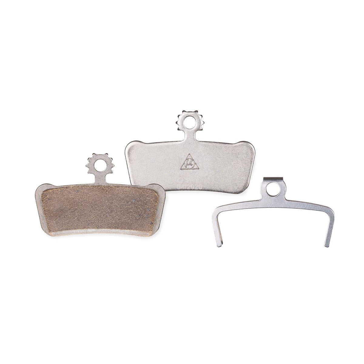 Trickstuff Power+ 850 brake pads, showing friction and backing faces with a retaining spring.
